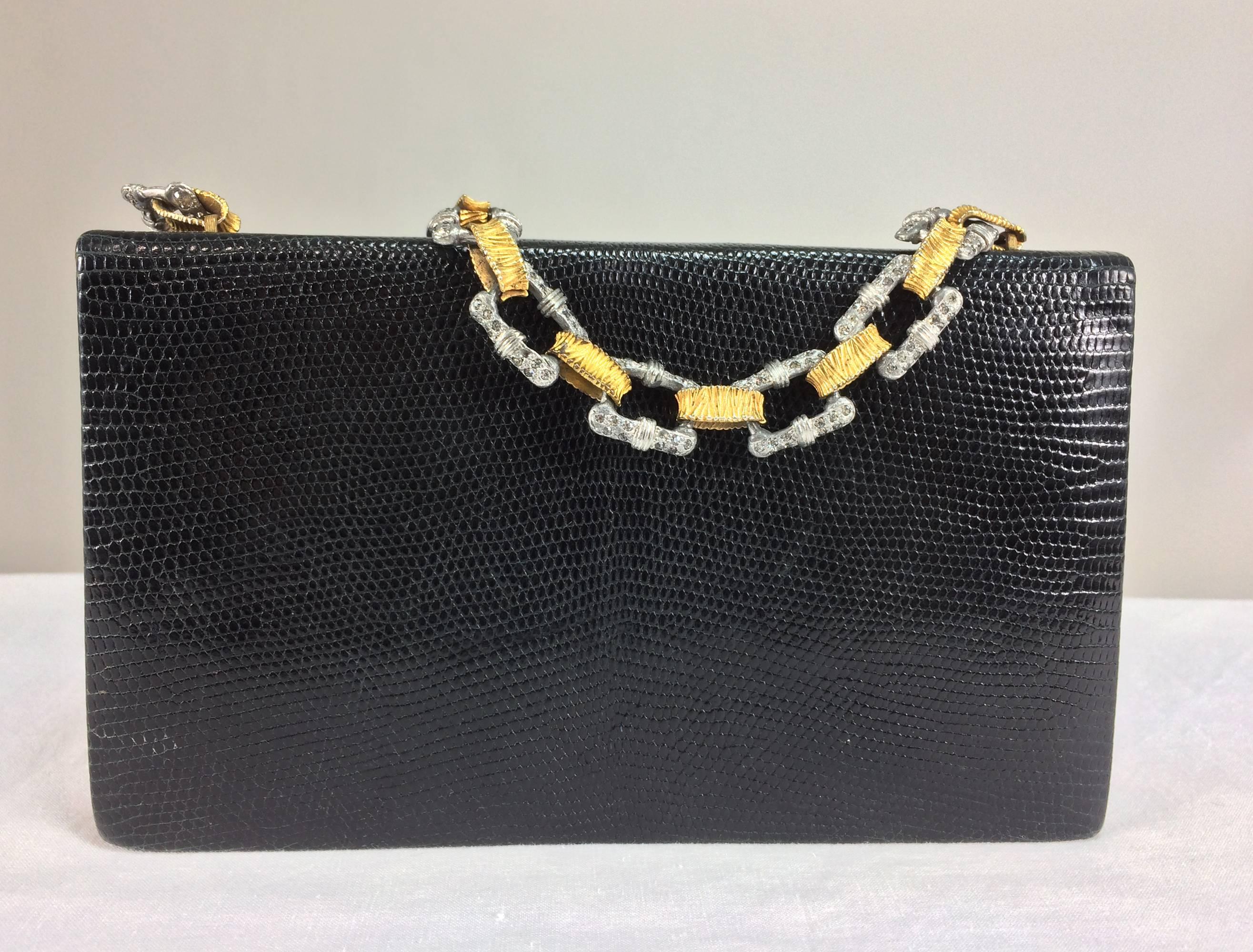 Black Jacomo glazed black lizard evening bag with silver & gold chain handle 1960s