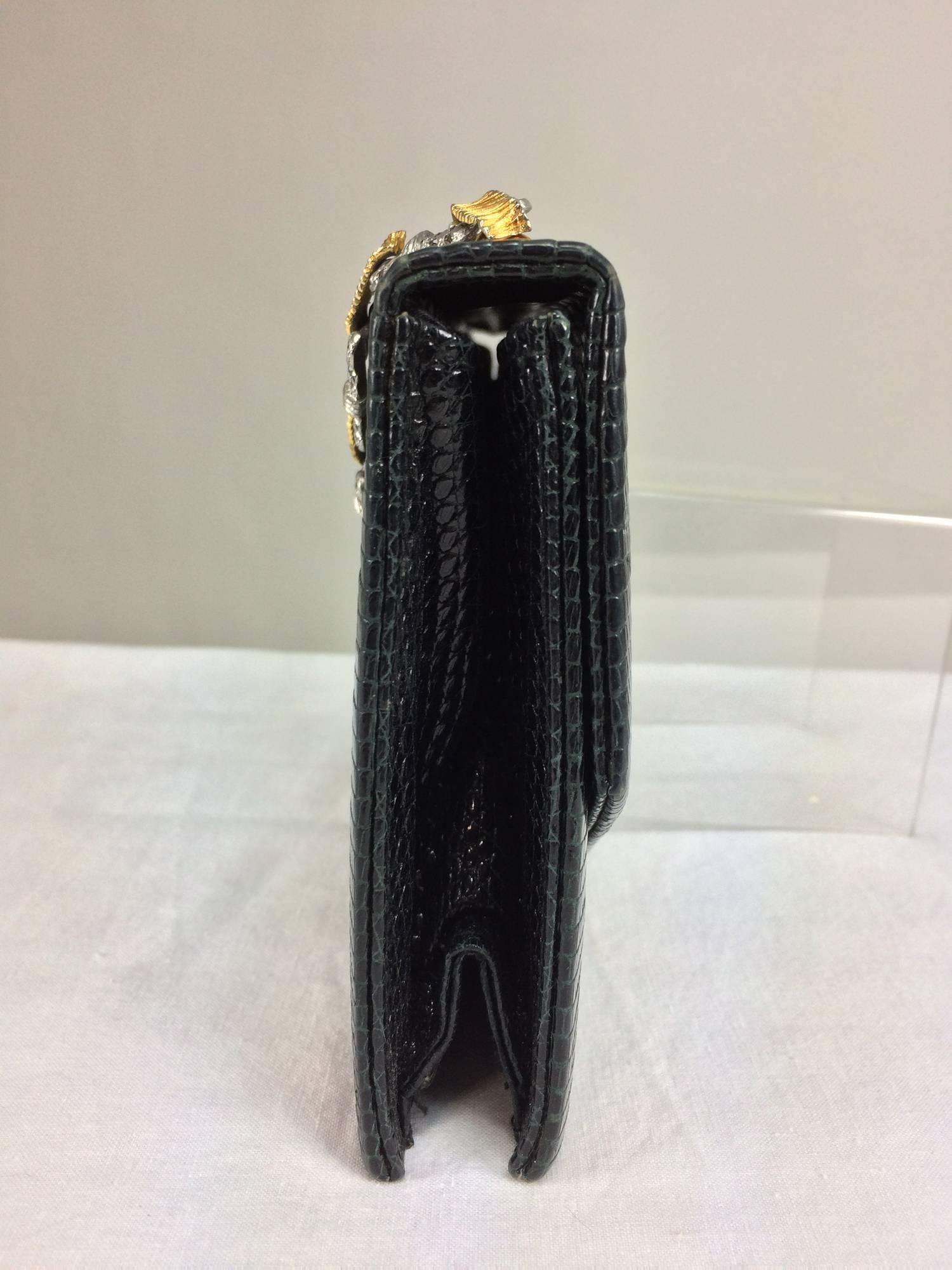 Women's Jacomo glazed black lizard evening bag with silver & gold chain handle 1960s