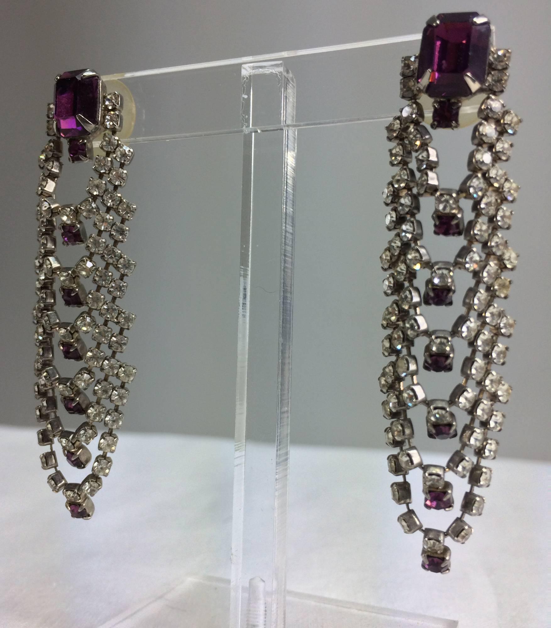 Faux Amethyst and rhinestone draped cascade pierced earrings 1960s In Excellent Condition In West Palm Beach, FL