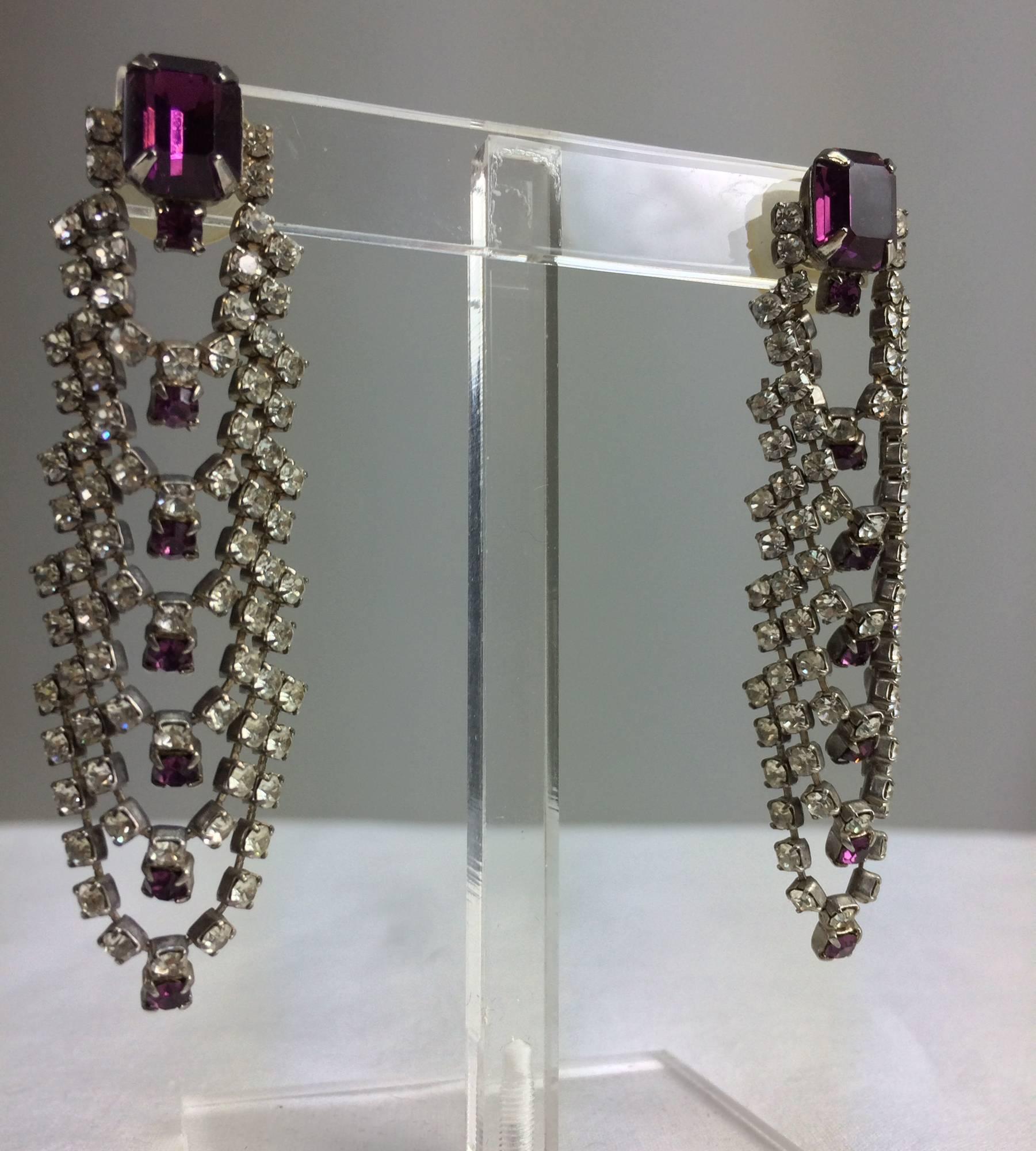 Women's Faux Amethyst and rhinestone draped cascade pierced earrings 1960s