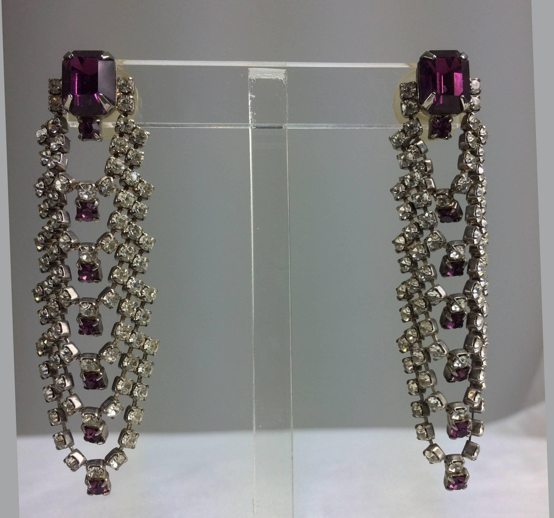 Faux Amethyst and rhinestone draped cascade pierced earrings 1960s 1