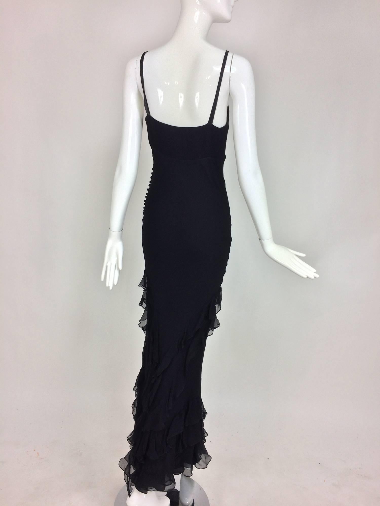 Women's J. Mendel halter neck black tiered ruffle chiffon evening dress 8