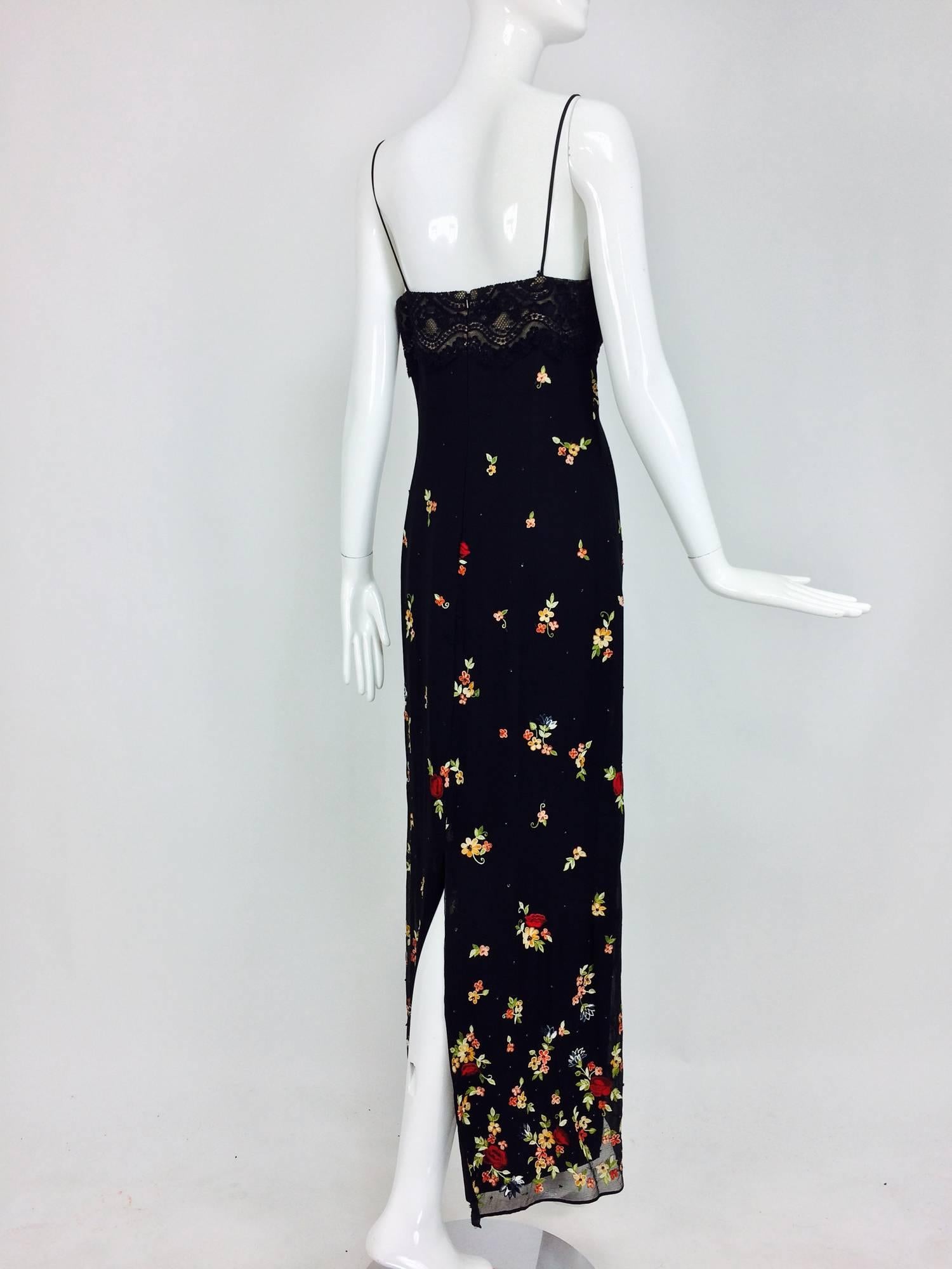 Women's Bellville Sassoon black lace bodice floral silk embroidered chiffon gown 10