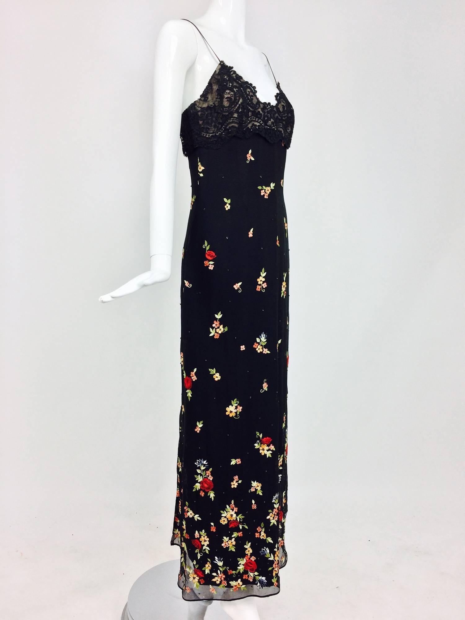Bellville Sassoon black lace bodice floral silk embroidered chiffon gown 10 2