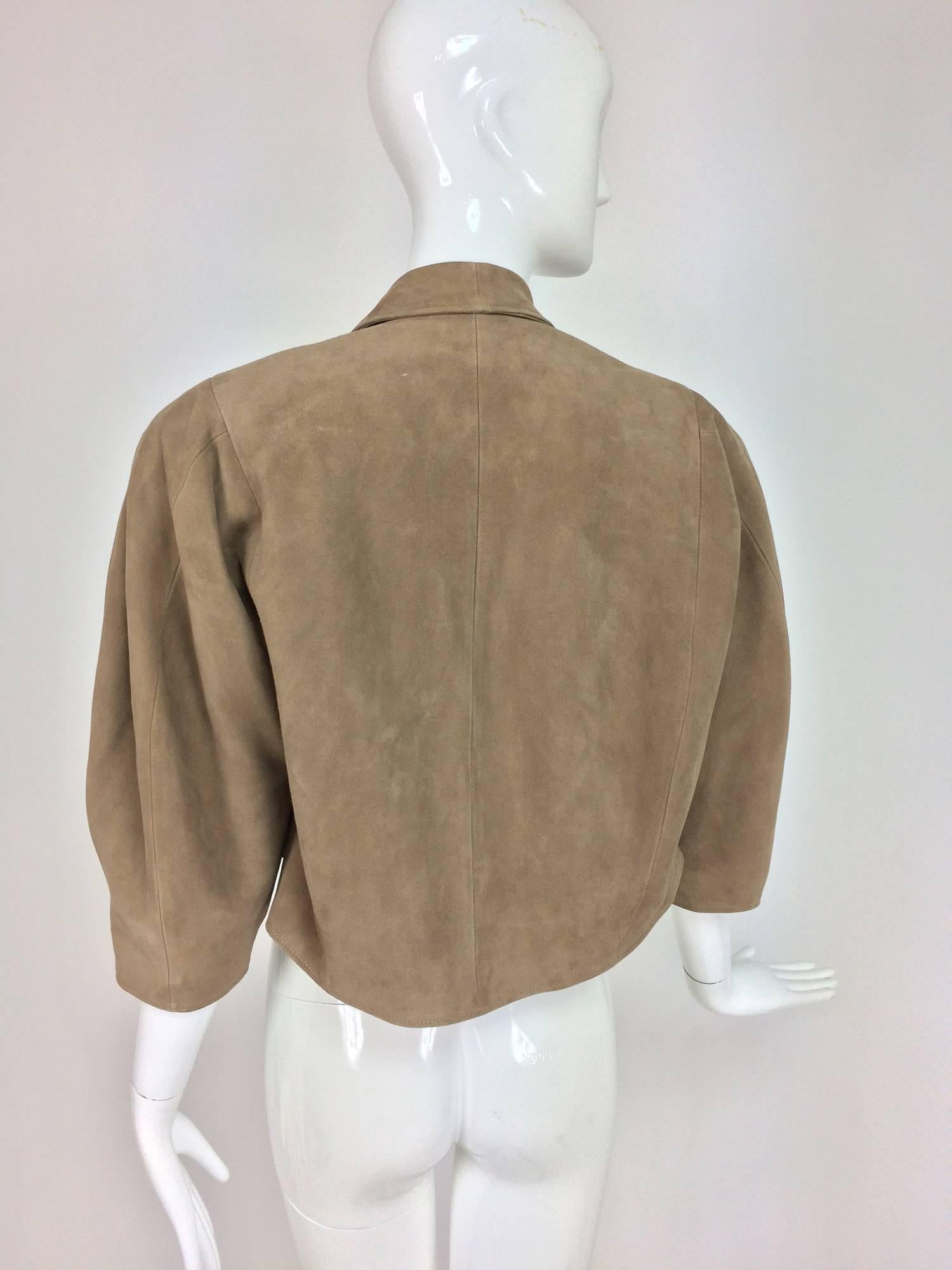 Brown Jean-Claude Jitrois taupe suede cropped swing jacket 1980s For Sale