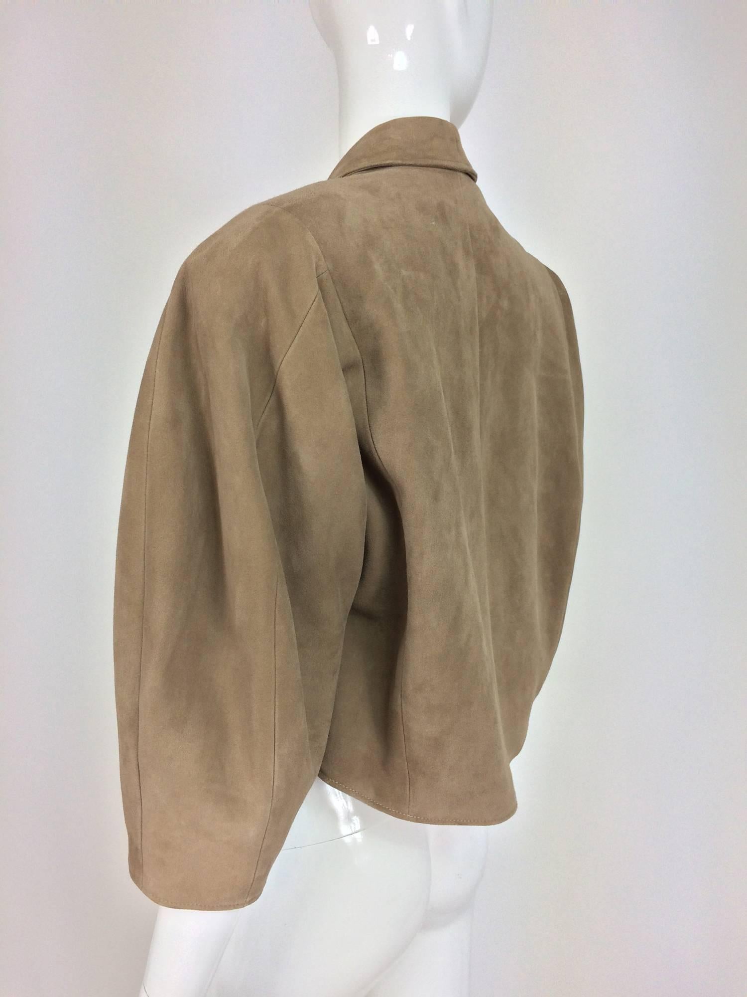 Women's Jean-Claude Jitrois taupe suede cropped swing jacket 1980s For Sale