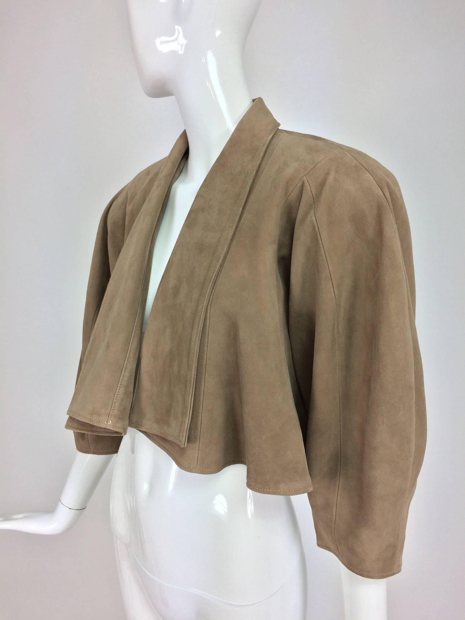 Jean-Claude Jitrois taupe suede cropped swing jacket 1980s For Sale 2