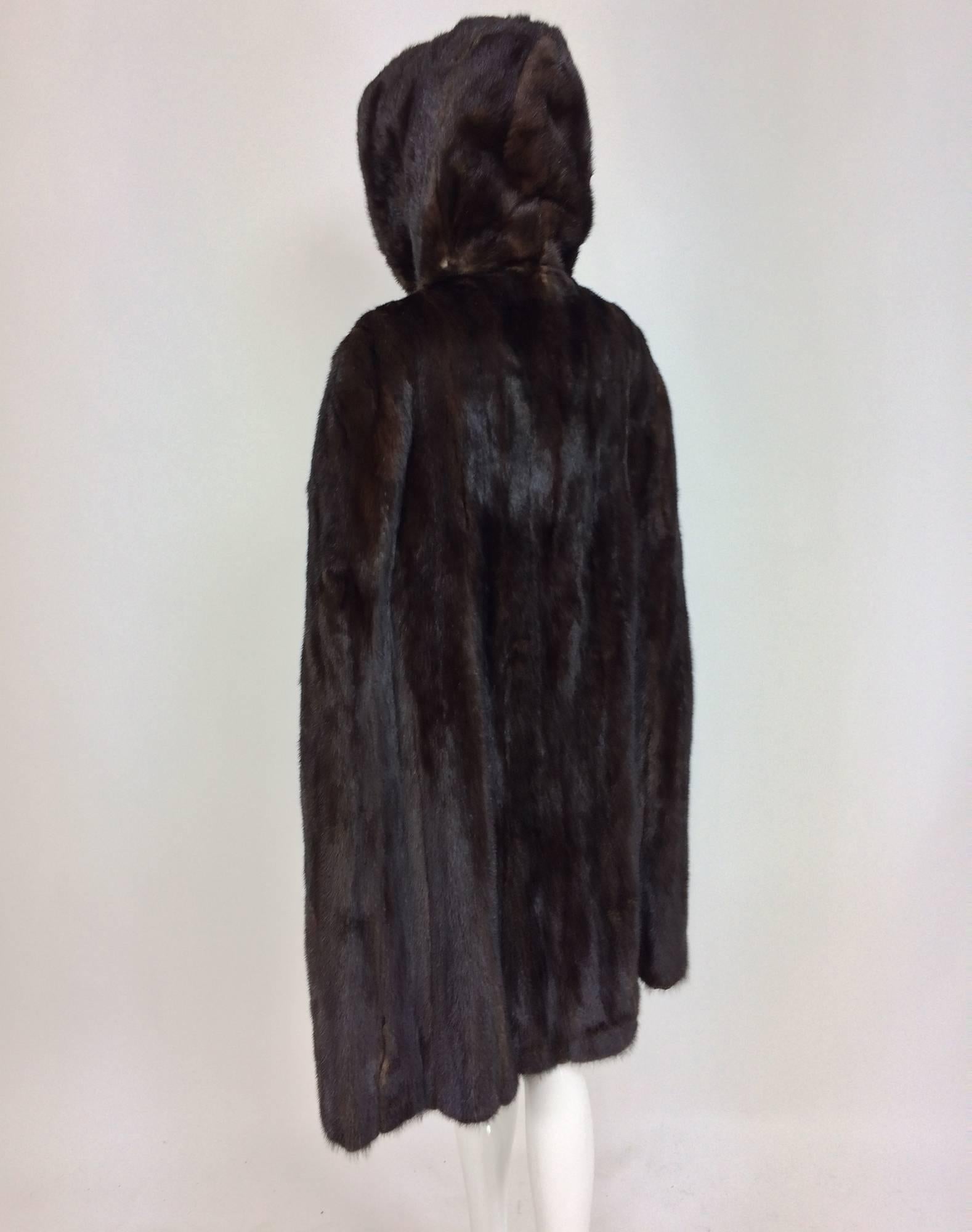 Glossy Dark mink fur hooded cape unique and rare 1960s  In Excellent Condition In West Palm Beach, FL