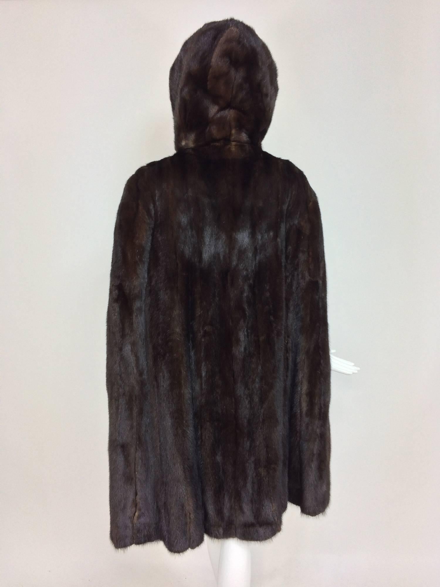 Women's Glossy Dark mink fur hooded cape unique and rare 1960s 