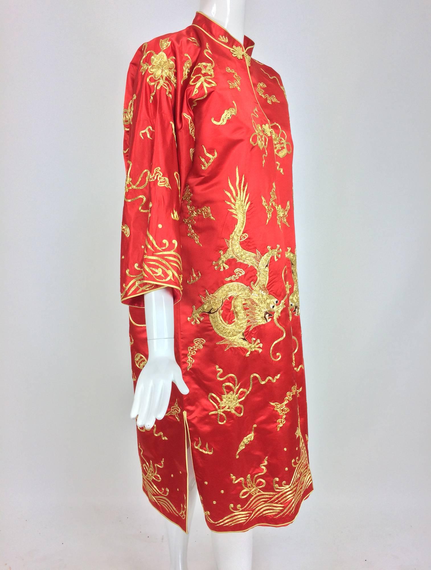 Red silk hand embroidered Golden dragon coat purchased in China in 1978...A beautiful coat with exquisite embroidery, featuring a 5 clawed dragon, during the Ming and Qin dynasty, the five-clawed dragon was strictly reserved for use by the Emperor