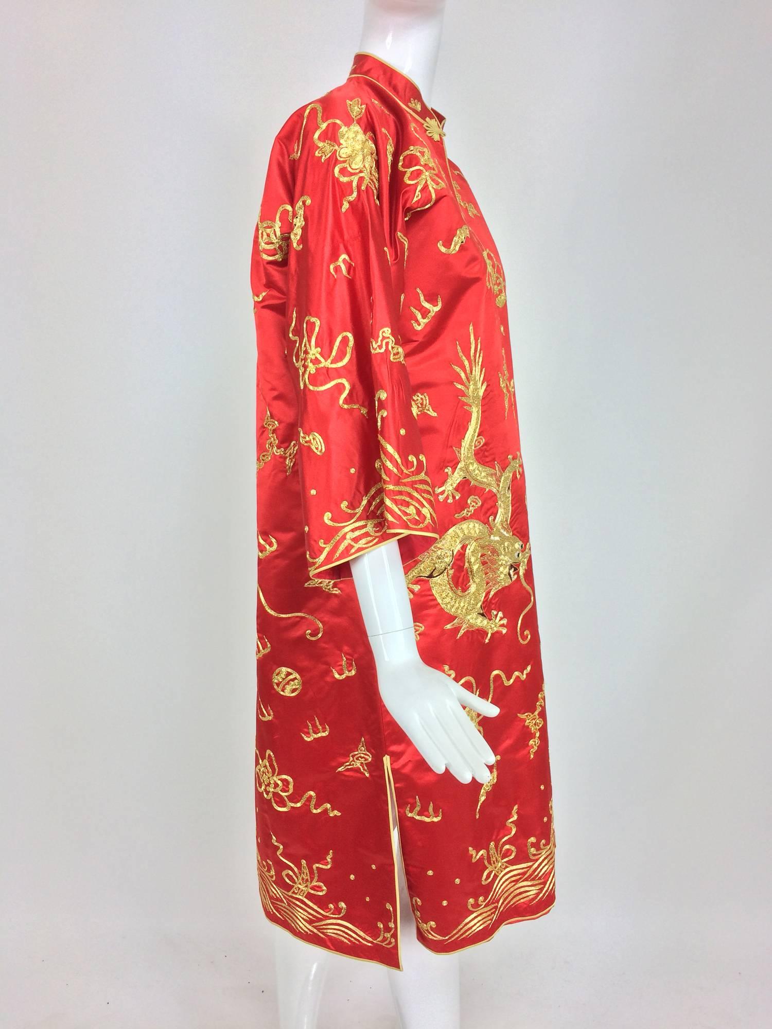 Red silk hand embroidered Golden 5 clawed dragon coat 1978 In Excellent Condition In West Palm Beach, FL