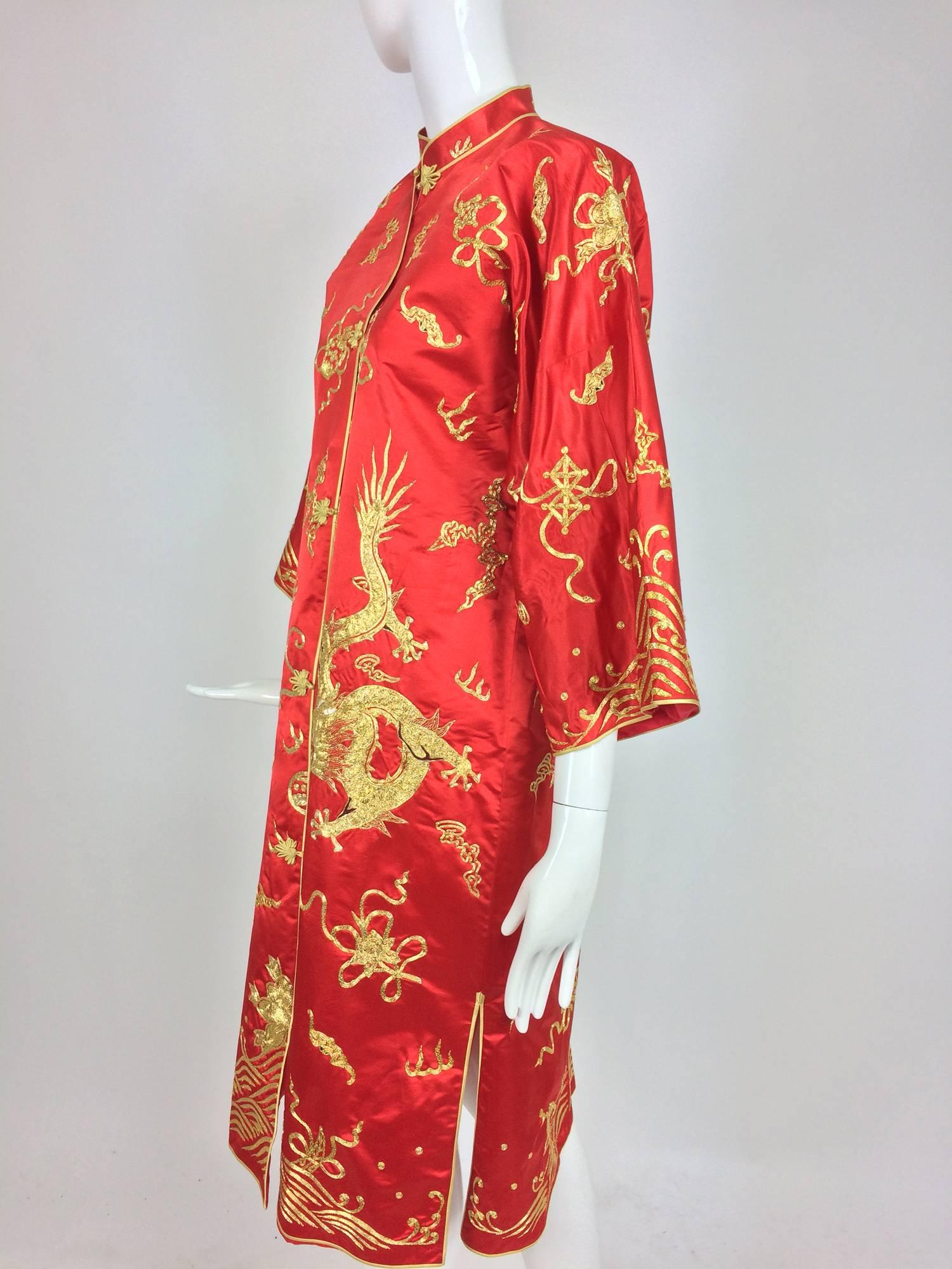 Red silk hand embroidered Golden 5 clawed dragon coat 1978 1