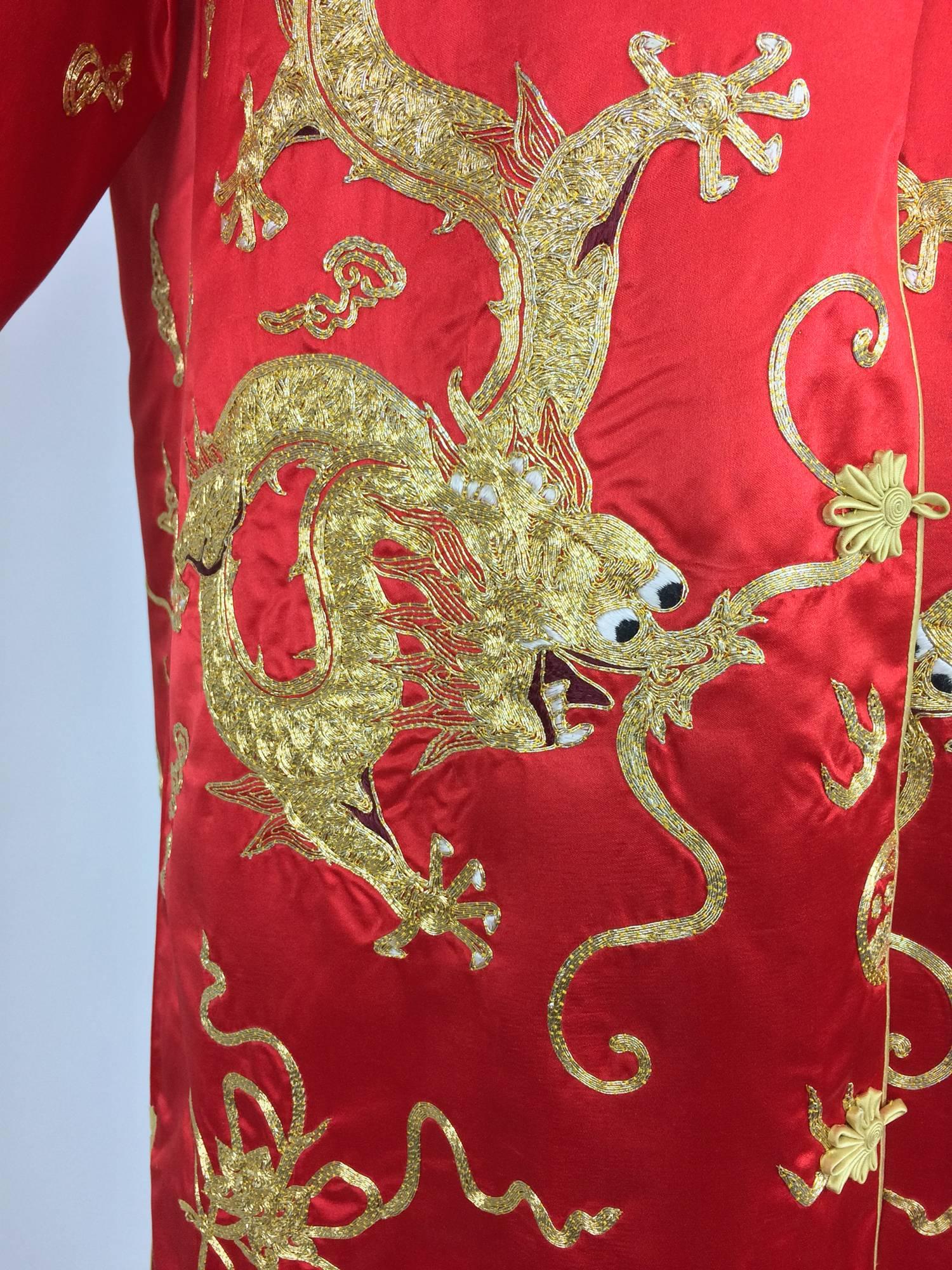 Red silk hand embroidered Golden 5 clawed dragon coat 1978 3