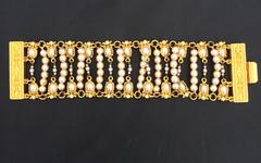 Wide embossed gold and pearl with rhinestone bracelet
