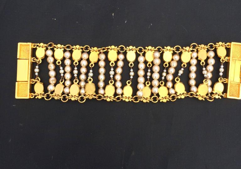 Wide embossed gold and pearl with rhinestone bracelet For Sale at