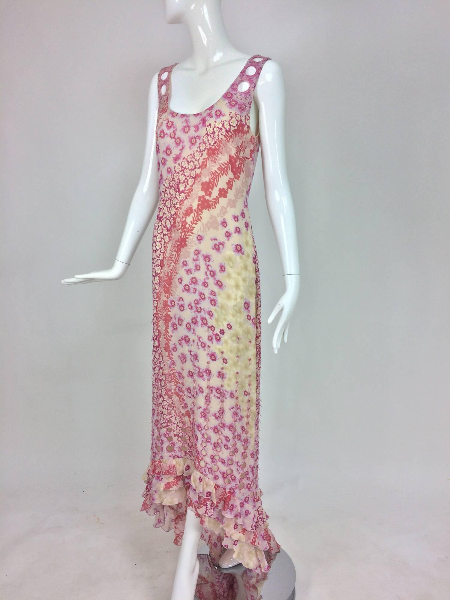 Badgley Mischka beaded floral chiffon maxi dress with train...Pretty spring/summery maxi dress glitters with crystal beading...The low scooped neckline features shoulder straps that have port holes that are bead outlined, the lower skirt of the