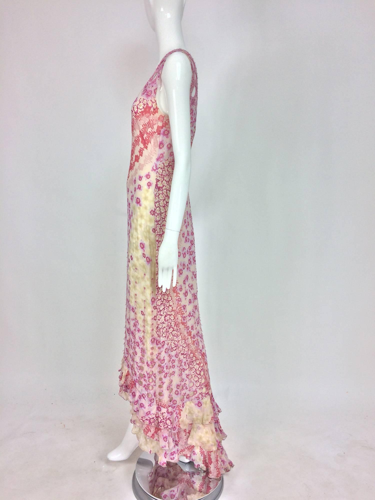 Badgley Mischka beaded floral chiffon maxi dress with train  In Excellent Condition In West Palm Beach, FL