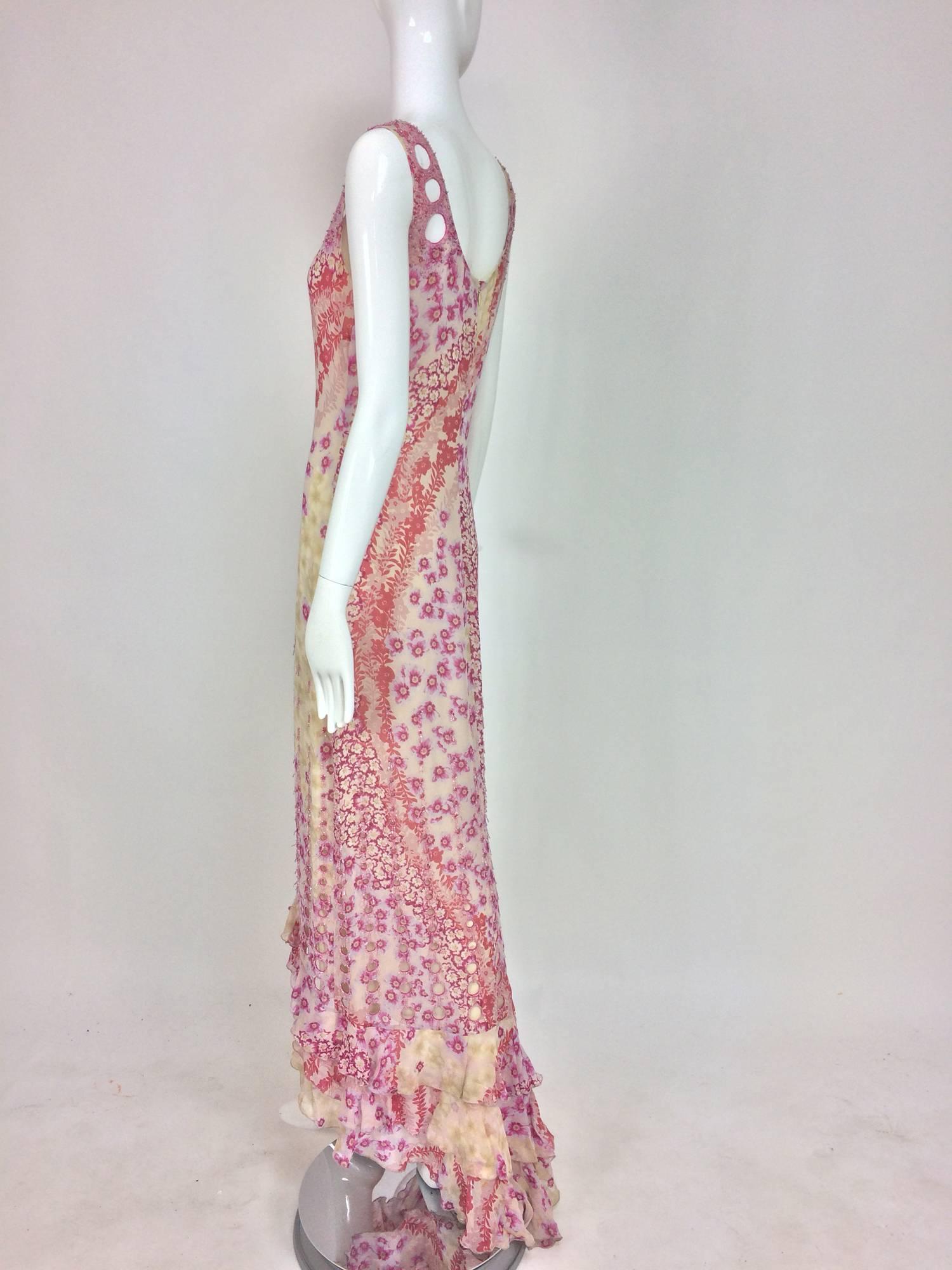 Women's Badgley Mischka beaded floral chiffon maxi dress with train 