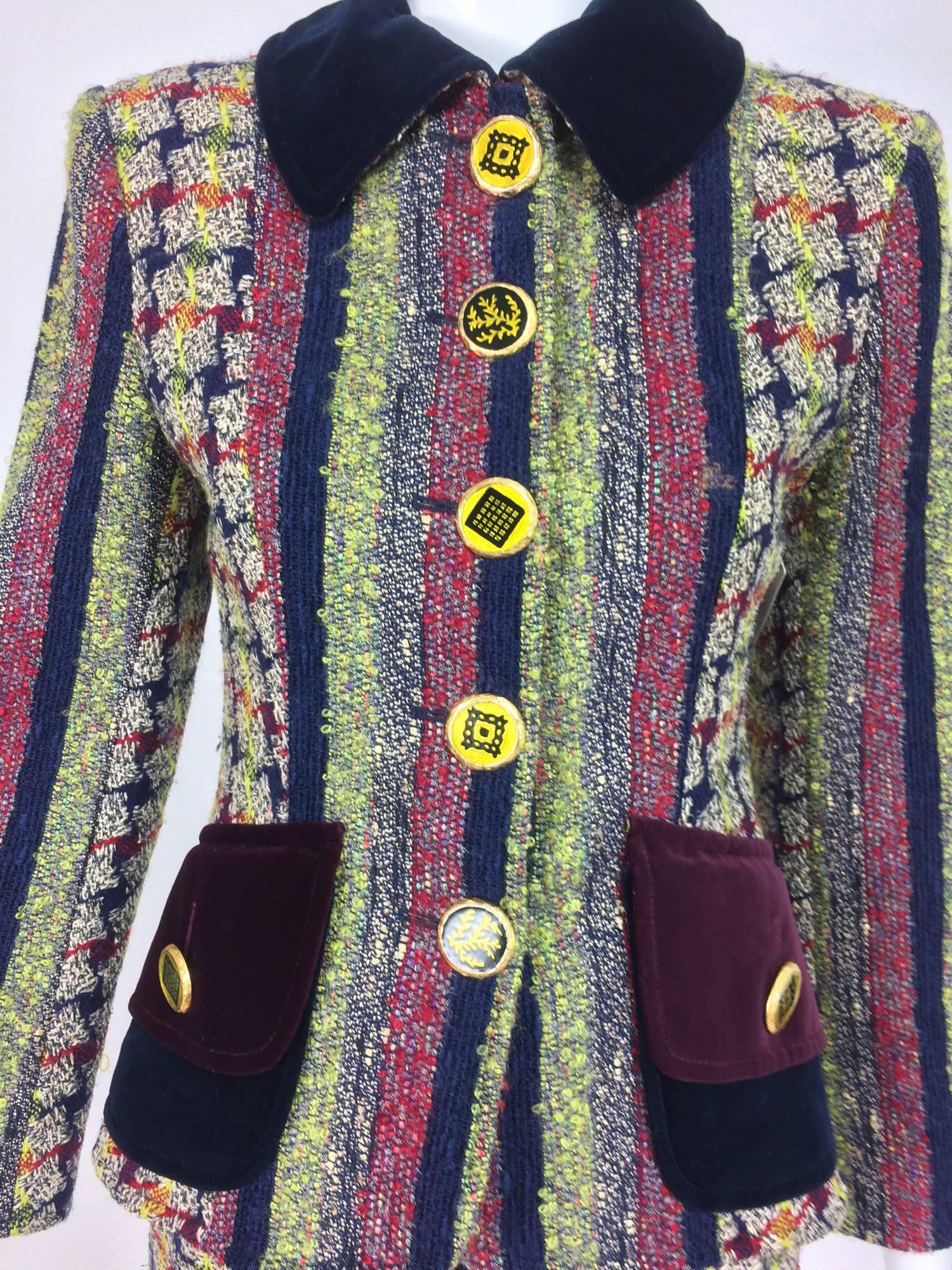 Christian LaCroix check and stripe, velvet trim skirt set 1990s...A mixture of textures in boucle, tweed and metallic weaves all in harmony as only Christian LaCroix could do...Fitted hip length, button front jacket, with velvet collar and flapped