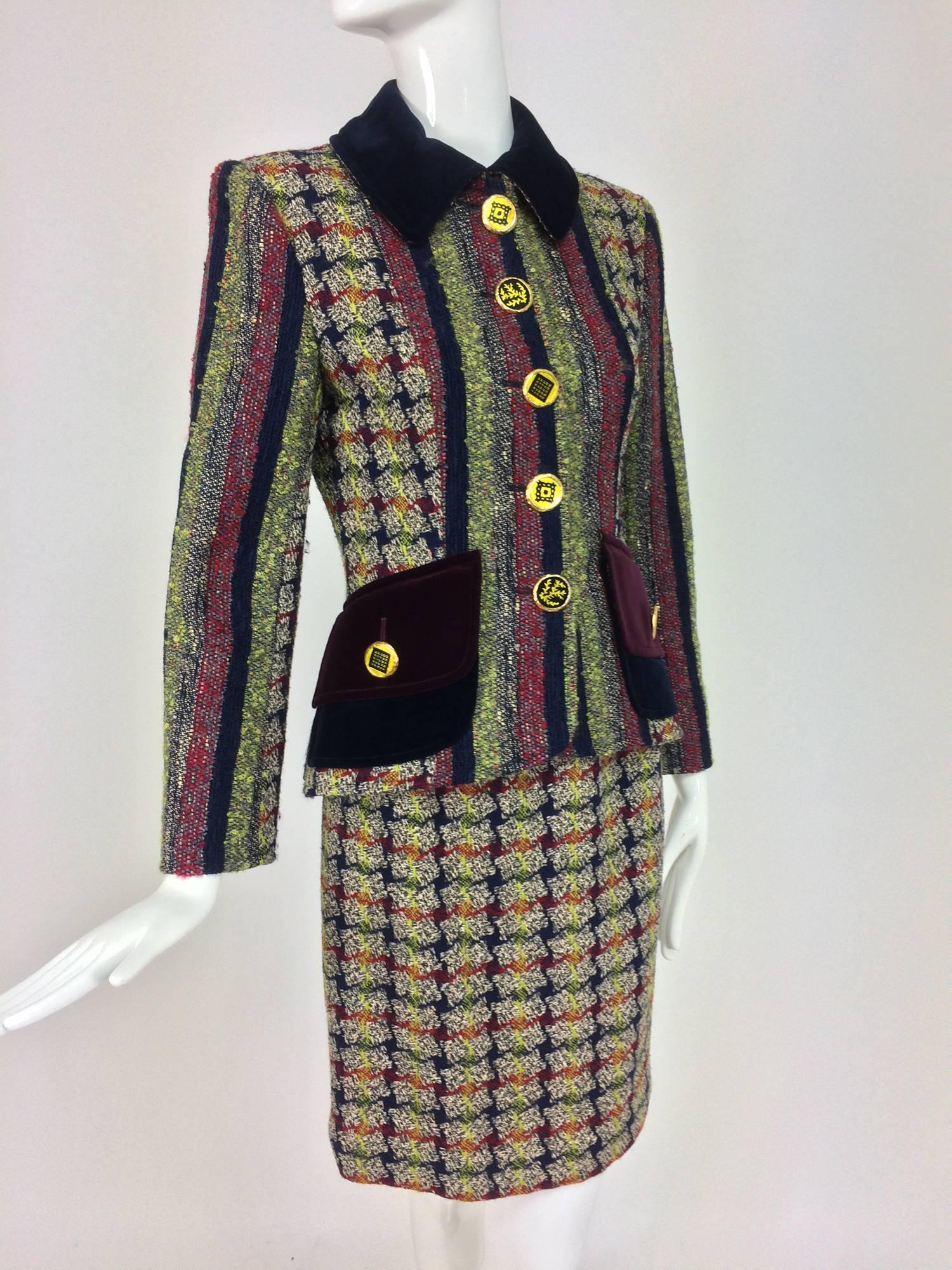 Christian LaCroix check and stripe velvet trim skirt set 1990s In Excellent Condition In West Palm Beach, FL