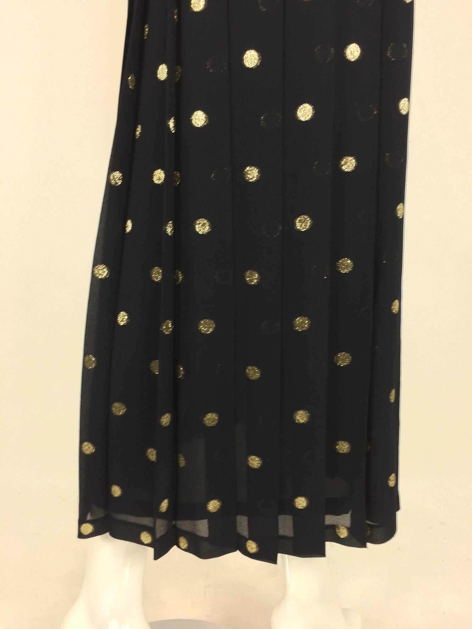 Gloria Sachs black silk chiffon metallic gold coin dot pleated skirt 1990s For Sale 1