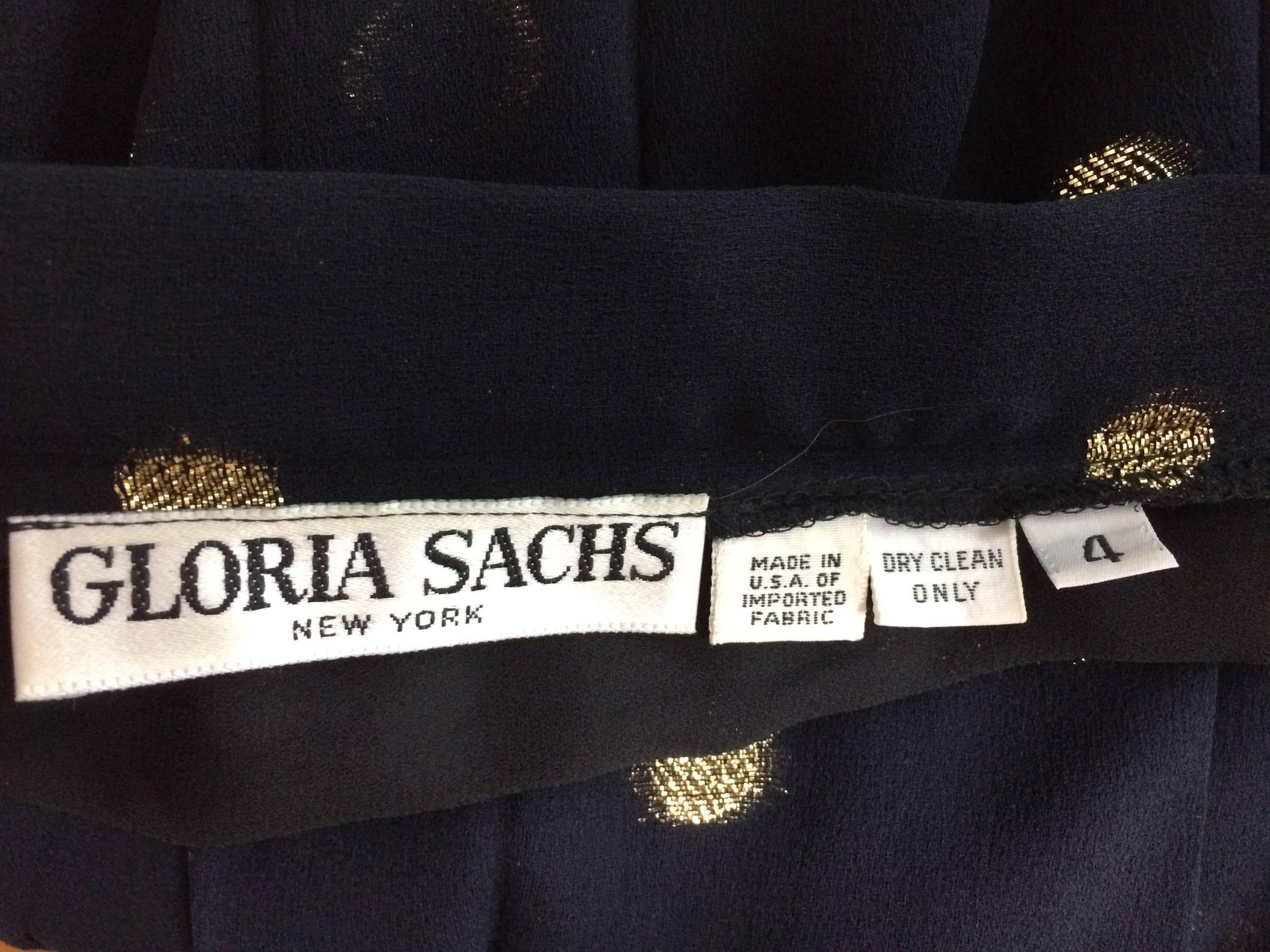 Gloria Sachs black silk chiffon metallic gold coin dot pleated skirt 1990s For Sale 3