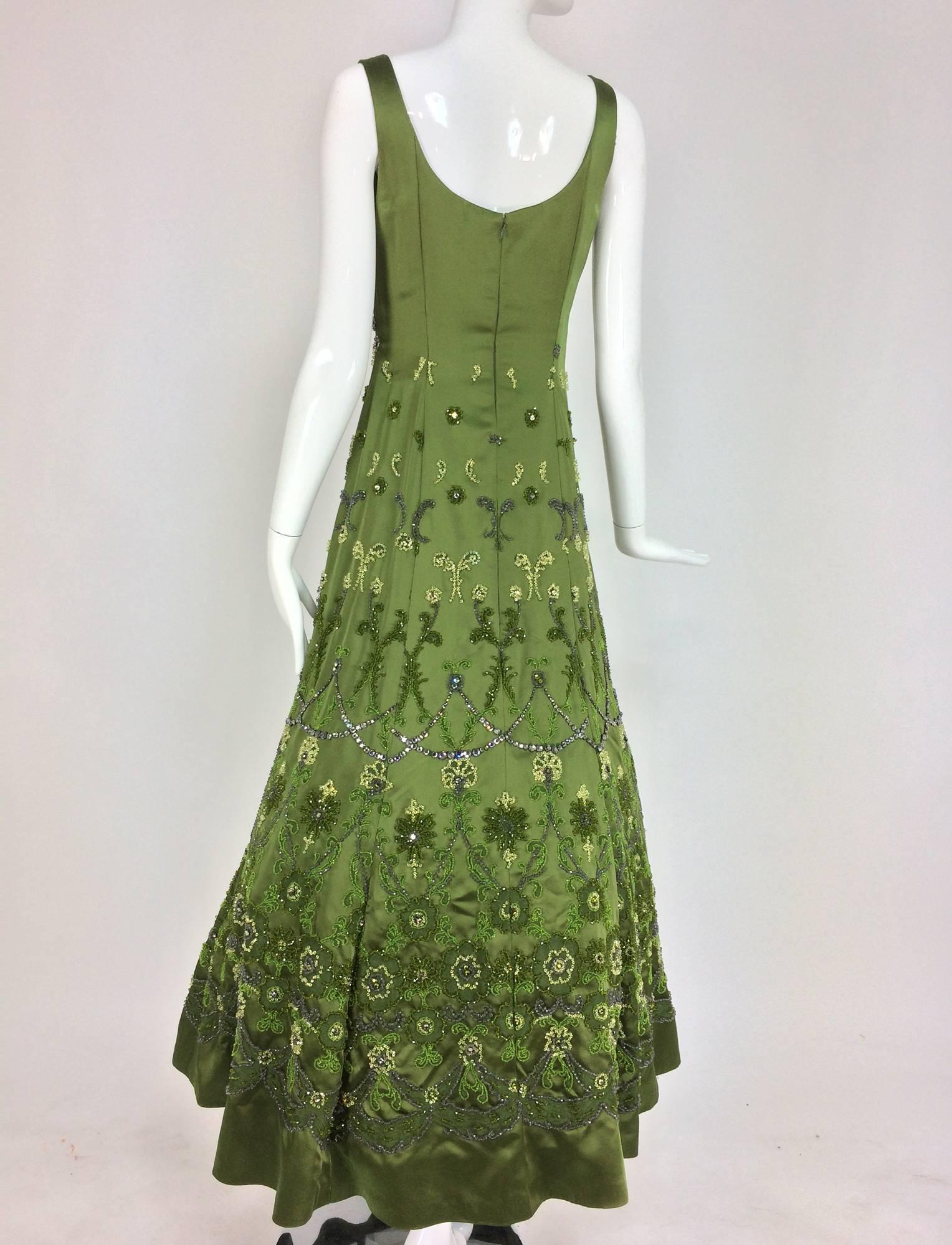 Brown Randi Rahm green silk heavily hand beaded and rhinestone evening dress