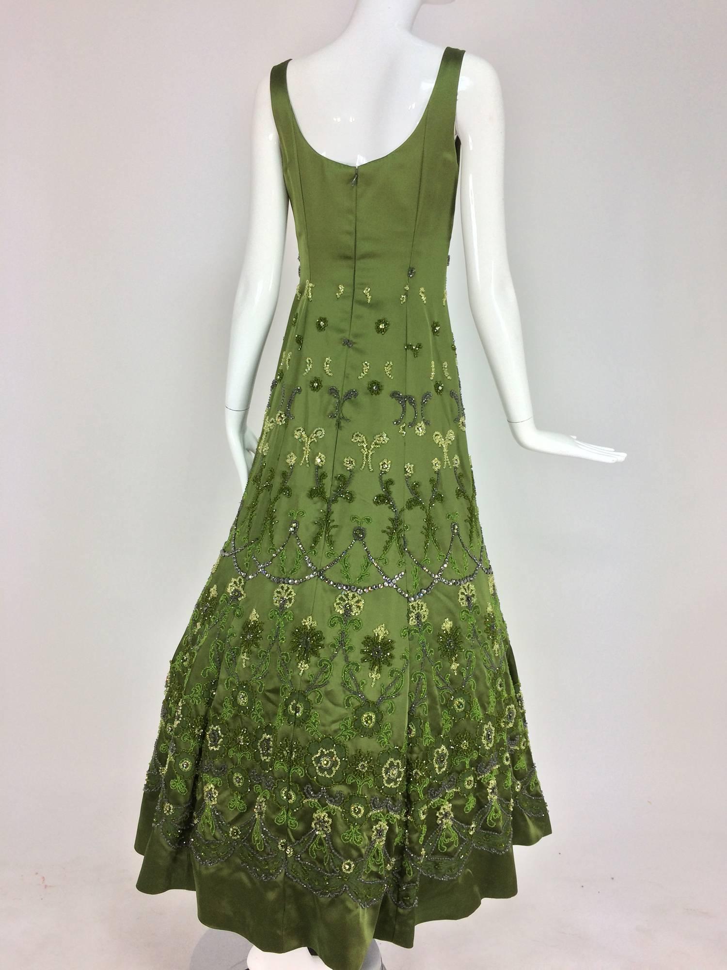 Randi Rahm green silk heavily hand beaded and rhinestone evening dress In Good Condition In West Palm Beach, FL