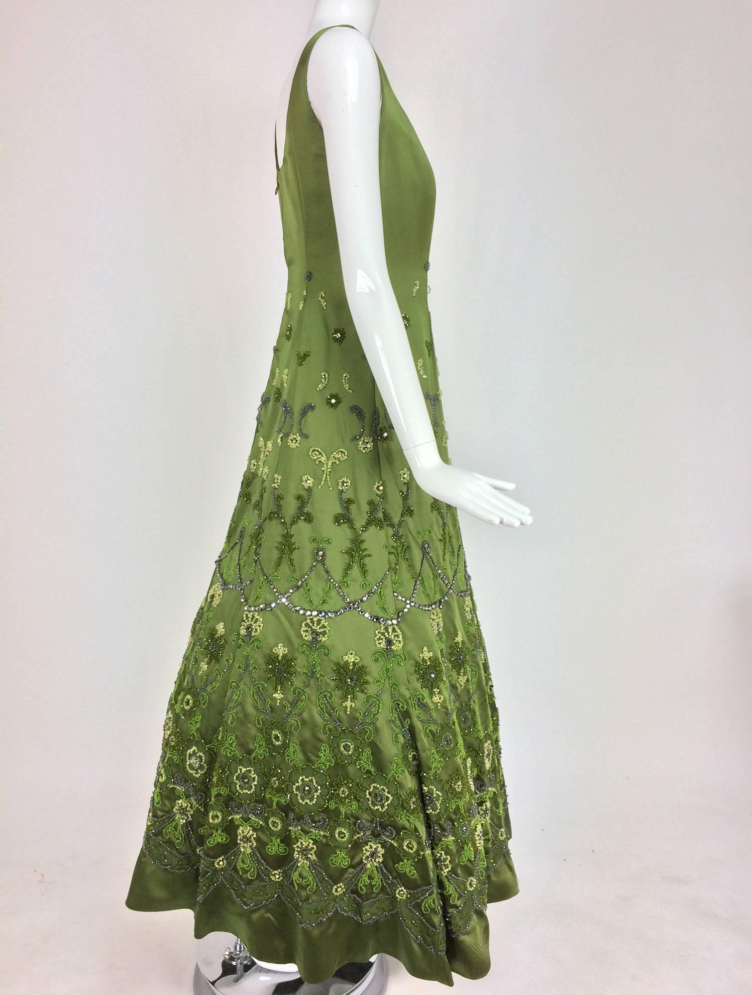 Women's Randi Rahm green silk heavily hand beaded and rhinestone evening dress