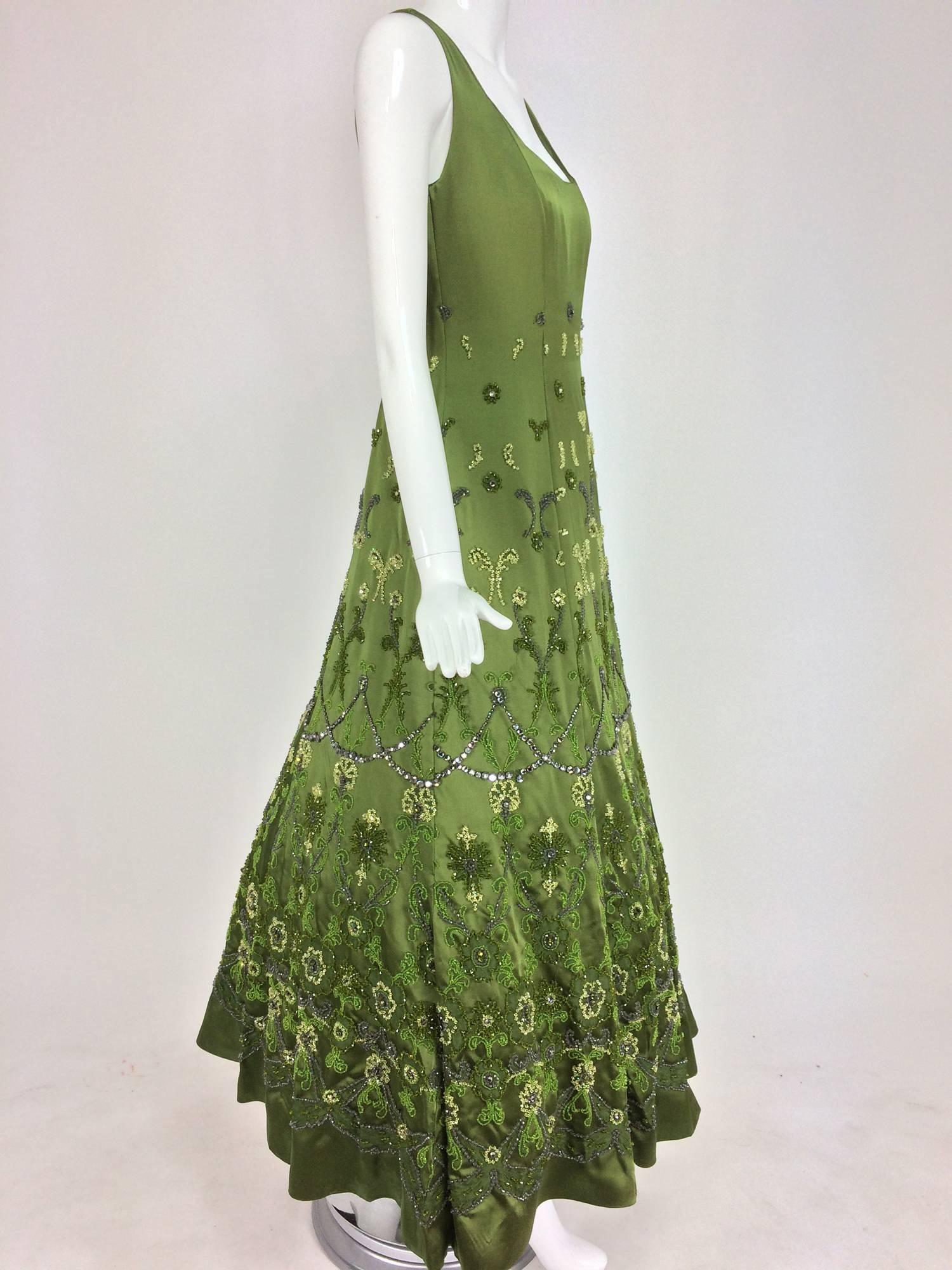 Randi Rahm green silk heavily hand beaded and rhinestone evening dress 1