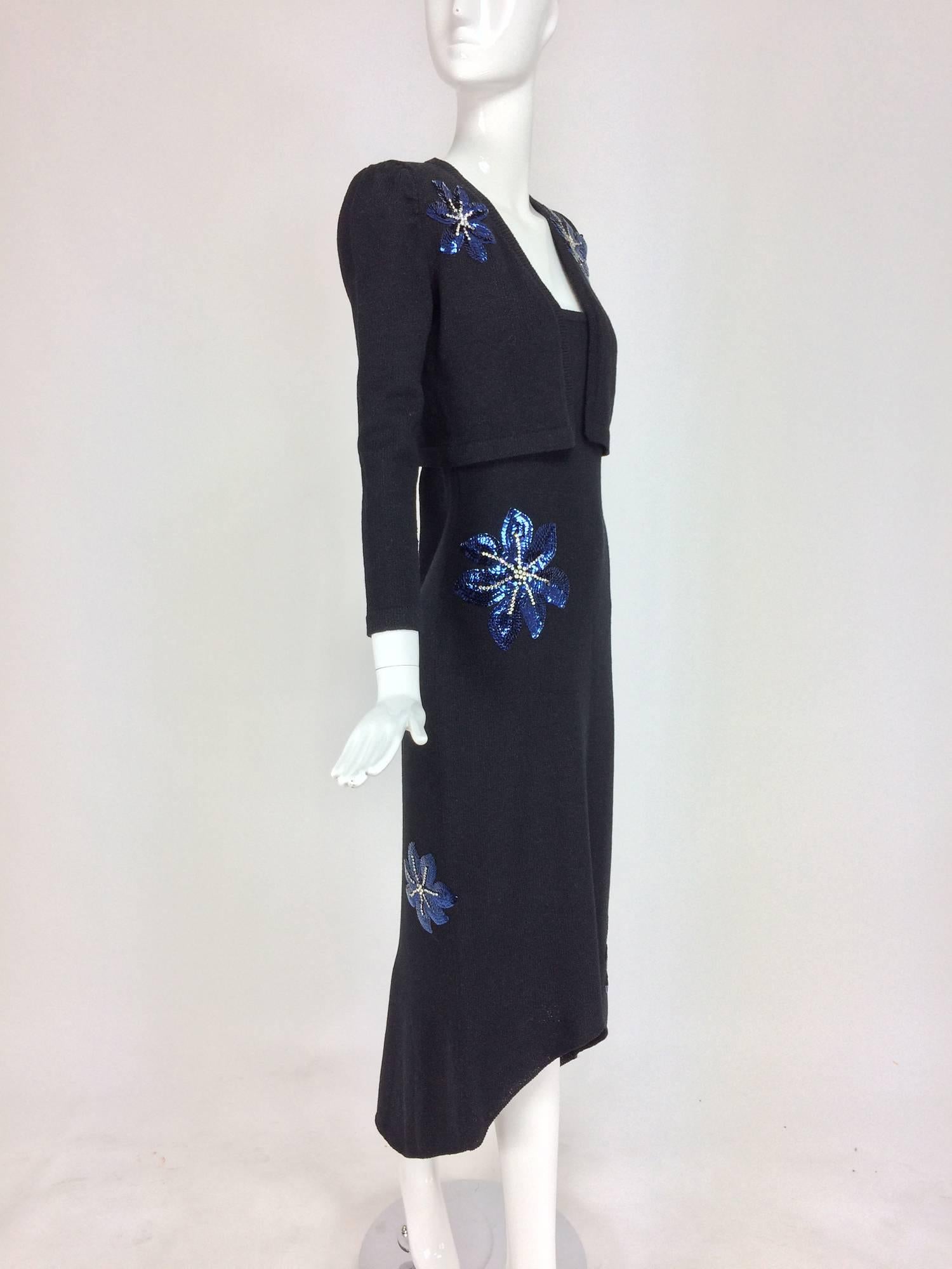 Adolfo 2pc black knit strapless dress and jacket with sequin flowers 1970s In Good Condition In West Palm Beach, FL
