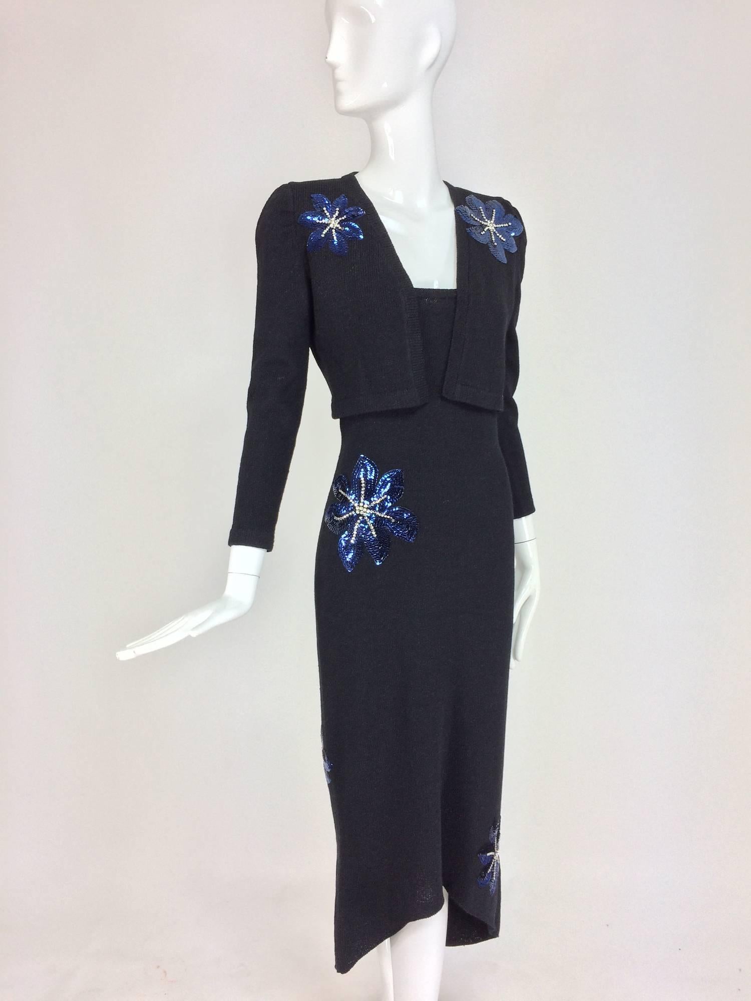 Women's Adolfo 2pc black knit strapless dress and jacket with sequin flowers 1970s