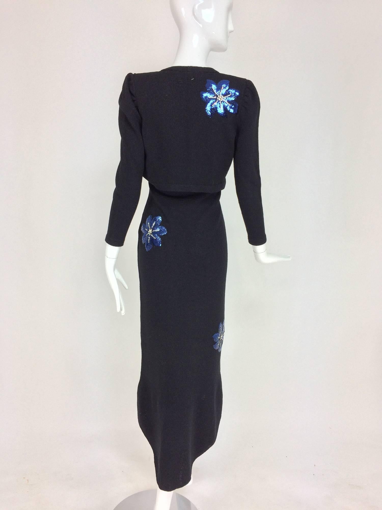 Adolfo 2pc black knit strapless dress and jacket with sequin flowers 1970s 1
