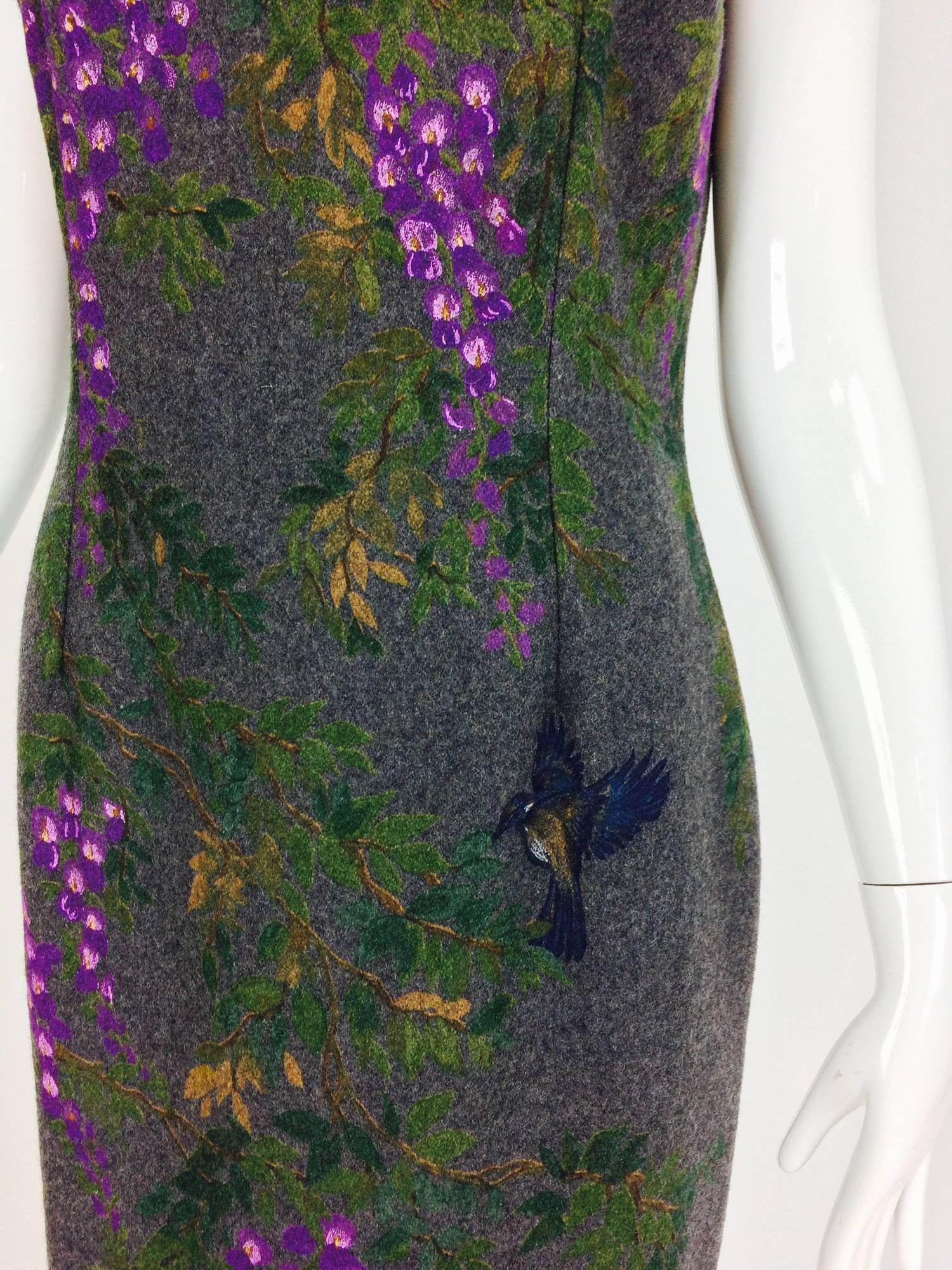 Dolce & Gabbana hand painted wisteria with birds grey flannel sheath dress...Sheath dress with shoulder straps that are set to the shoulder edge...The dress is beautifully hand painted with wisteria flowers and vines and scattered here and there