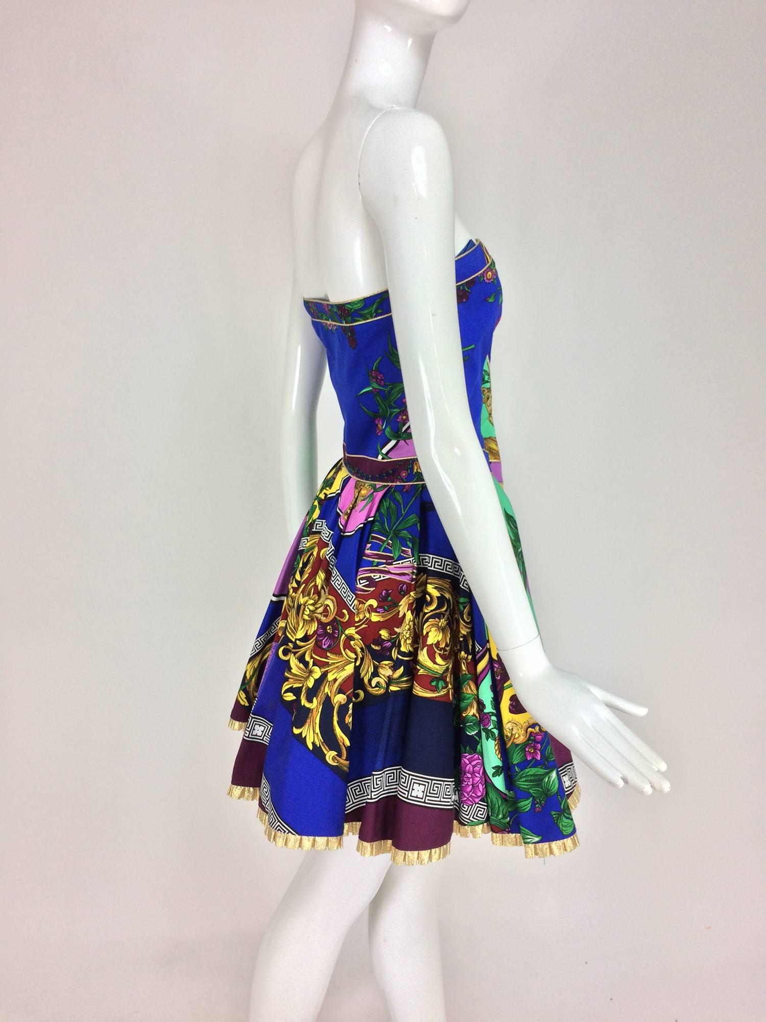 Women's Versace strapless full skirt cotton print mini dress 1990s