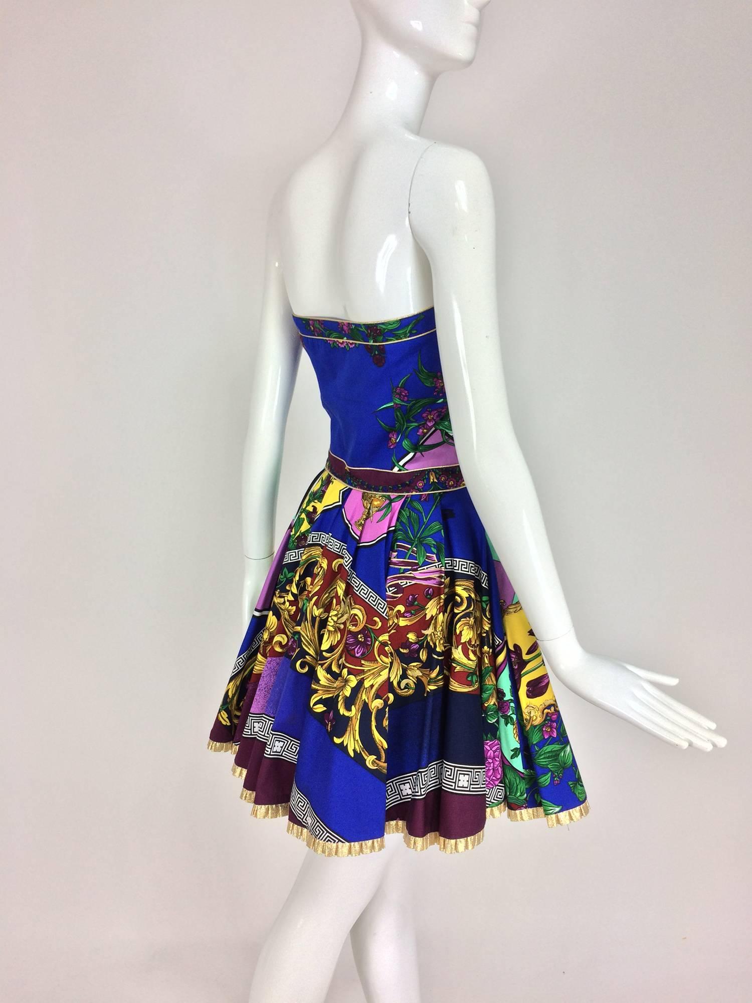 Versace strapless full skirt cotton print mini dress 1990s 1