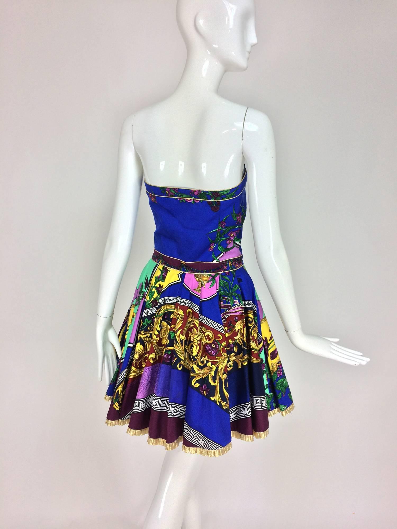 Versace strapless full skirt cotton print mini dress 1990s 2