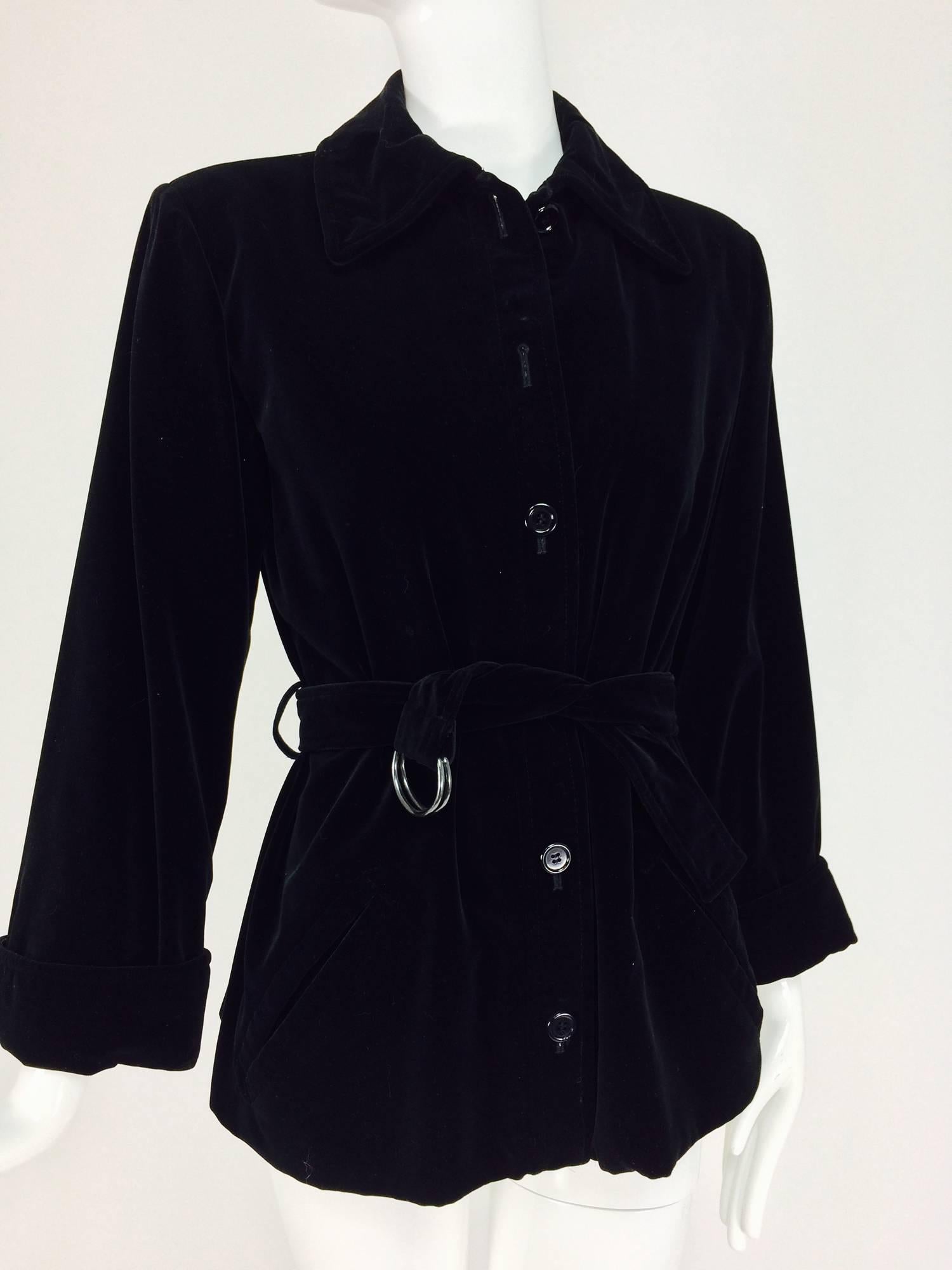 Black Yves St Laurent black velvet button front belted waist jacket 1970s