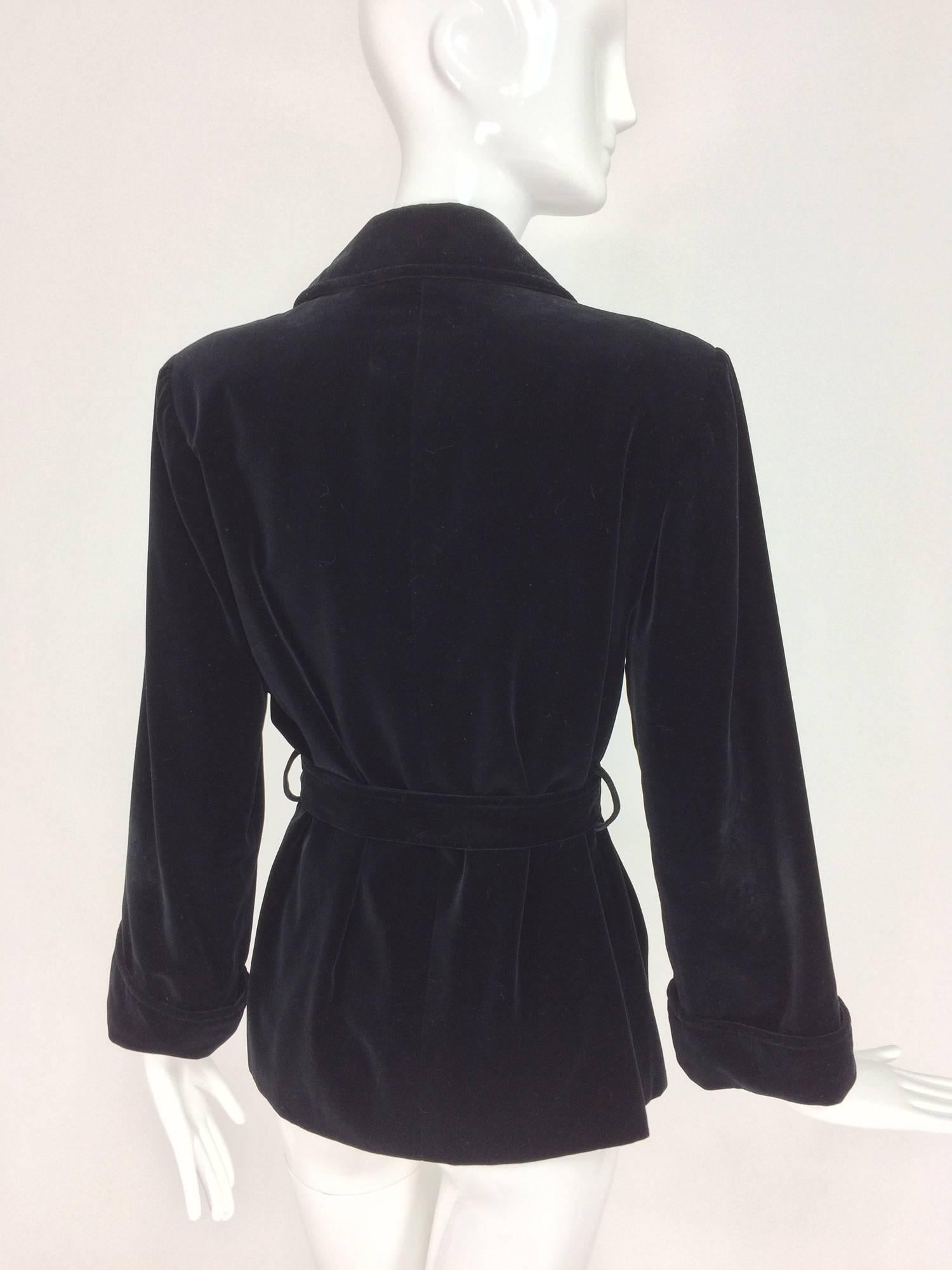 Yves St Laurent black velvet button front belted waist jacket 1970s In Excellent Condition In West Palm Beach, FL