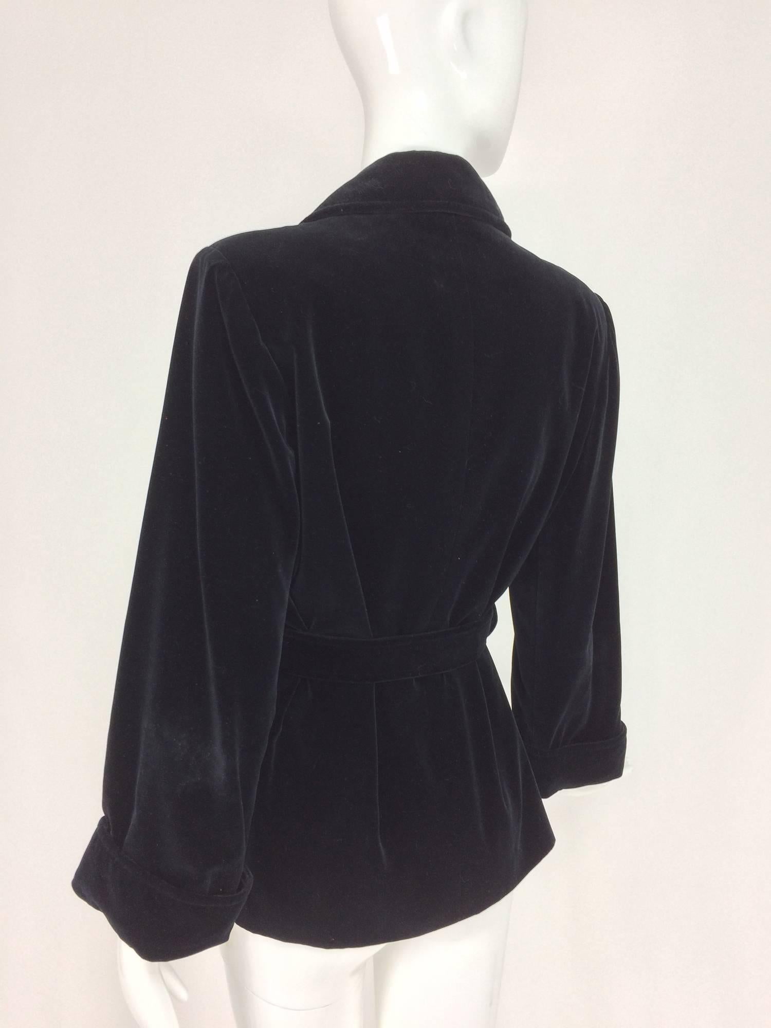 Women's Yves St Laurent black velvet button front belted waist jacket 1970s