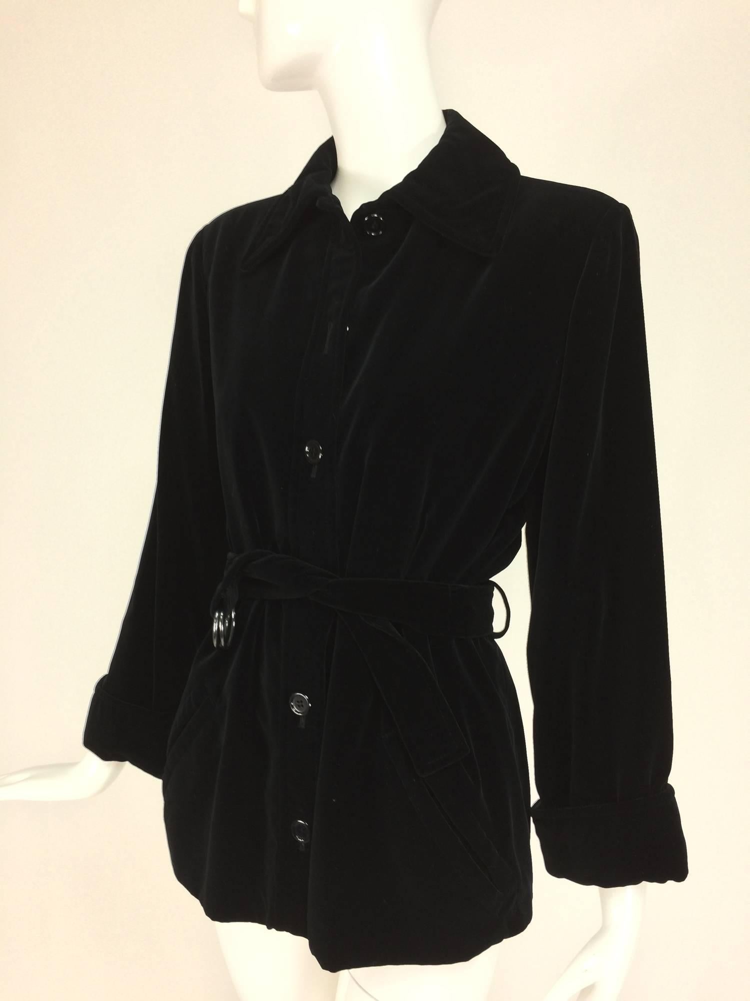 Yves St Laurent black velvet button front belted waist jacket 1970s 1