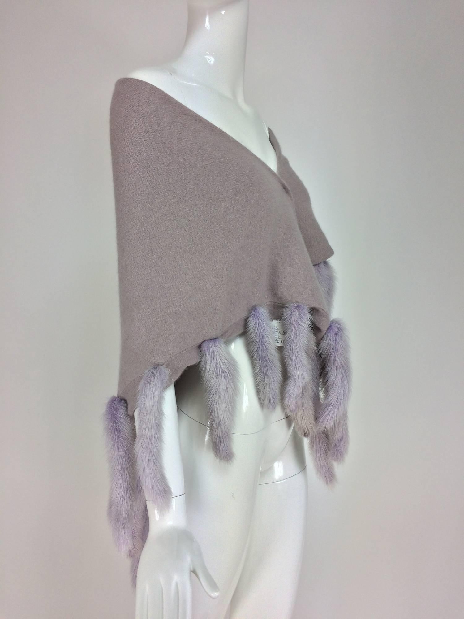 Gray Lavender soft wool and angora knit shawl with mink tails