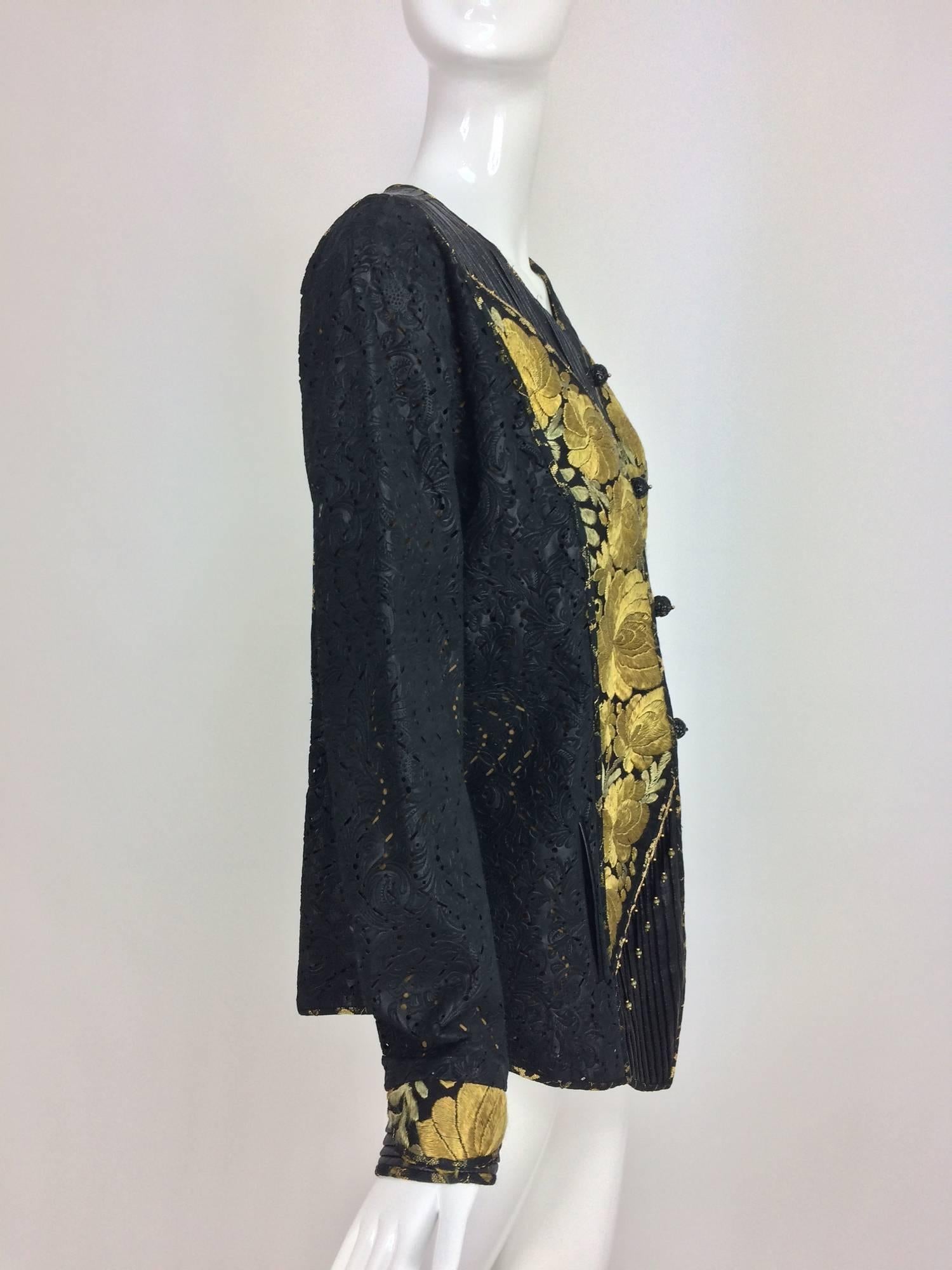 Black Kaneko Mixed antique textile and black laser cut leather jacket art to wear 
