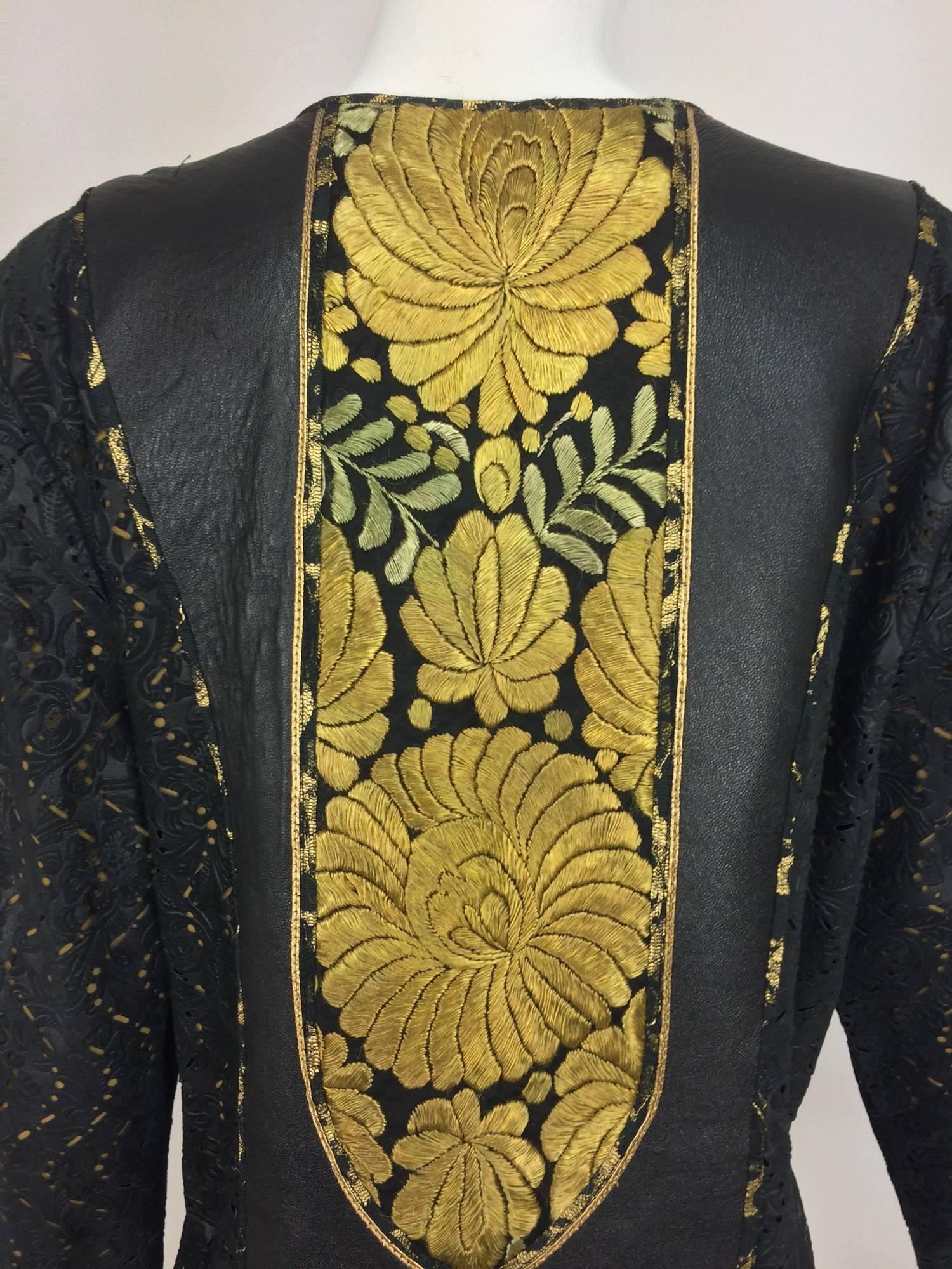 Kaneko Mixed antique textile and black laser cut leather jacket art to wear  In Excellent Condition In West Palm Beach, FL