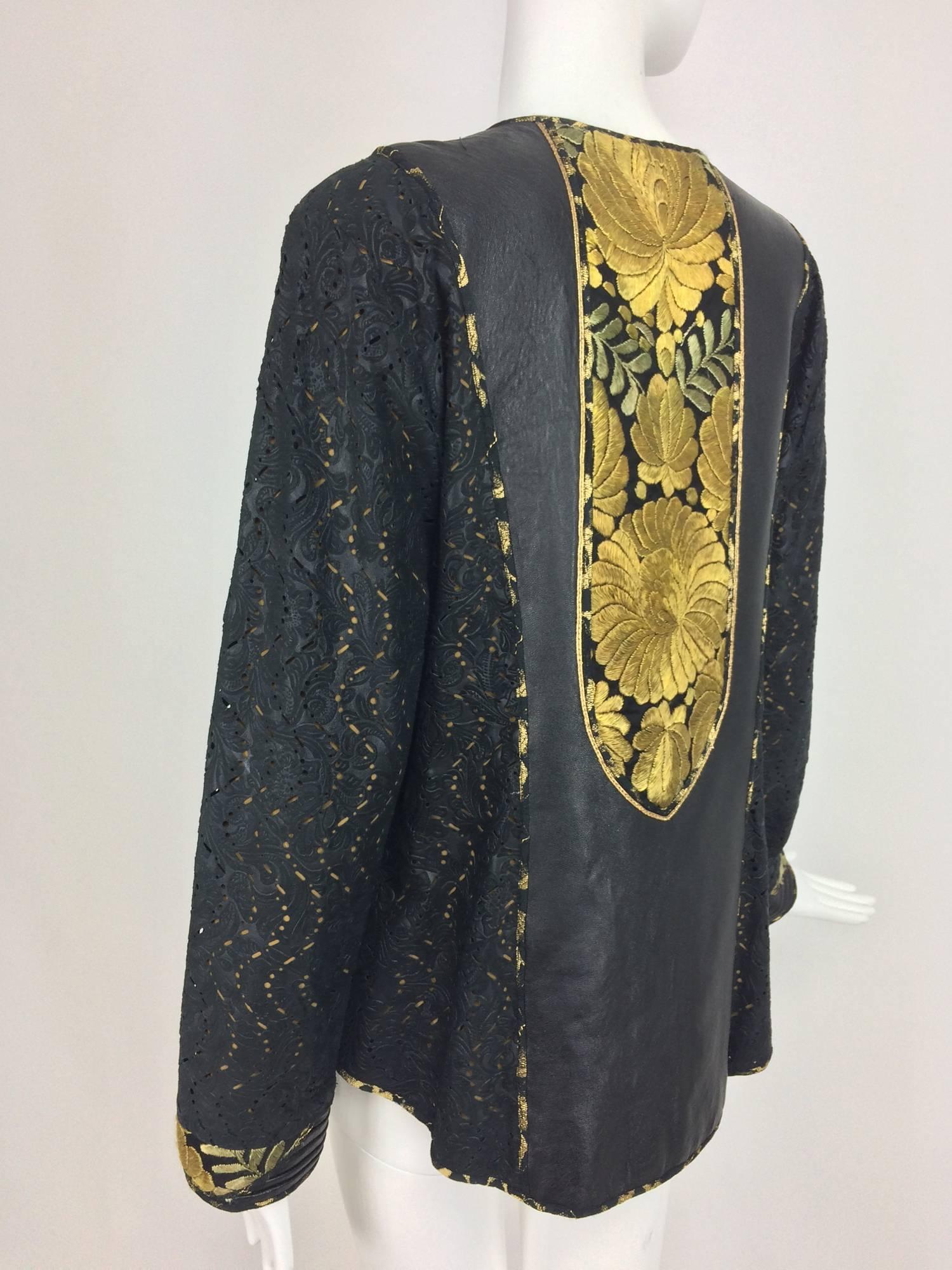 Women's Kaneko Mixed antique textile and black laser cut leather jacket art to wear 
