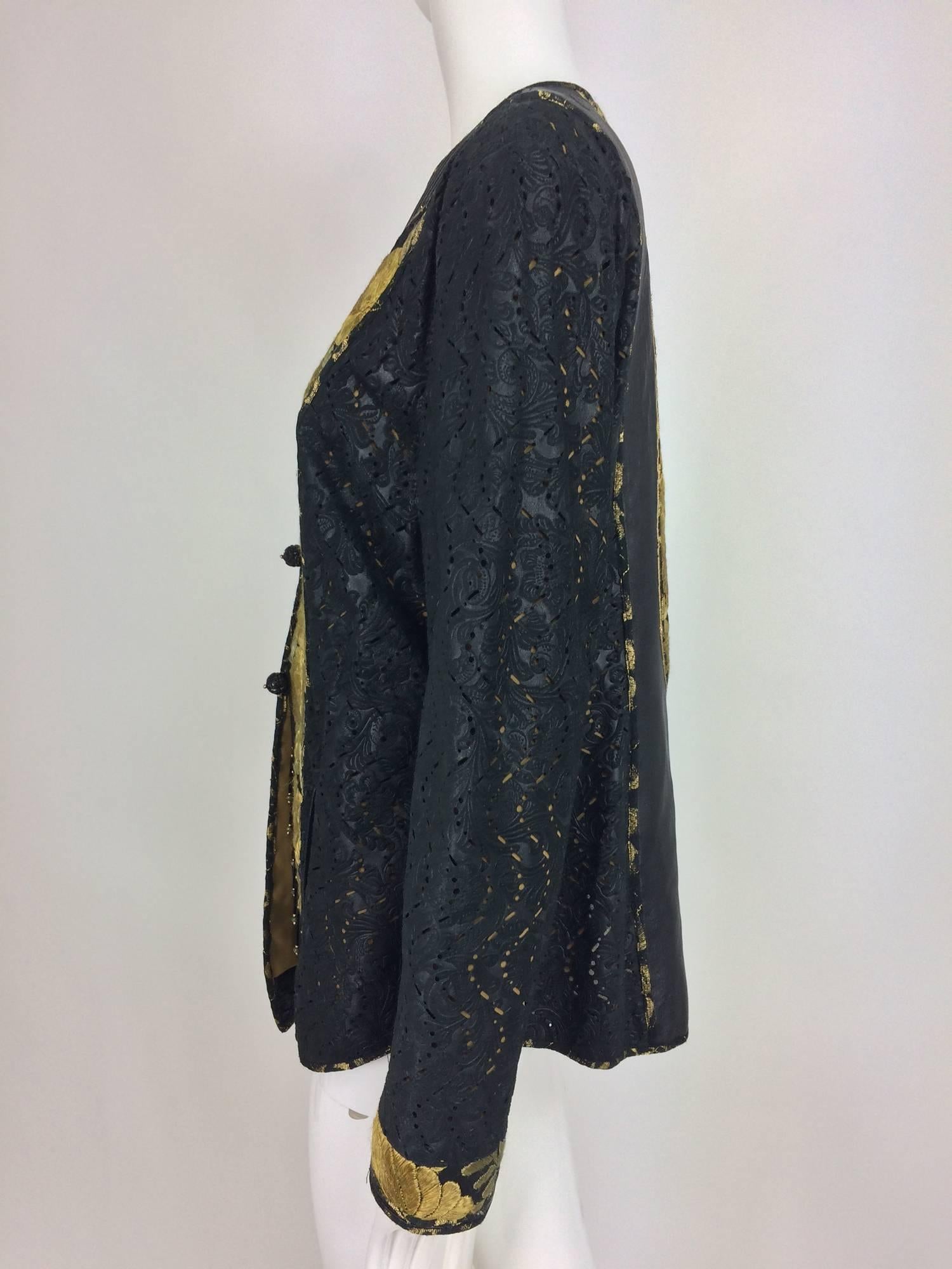 Kaneko Mixed antique textile and black laser cut leather jacket art to wear  1