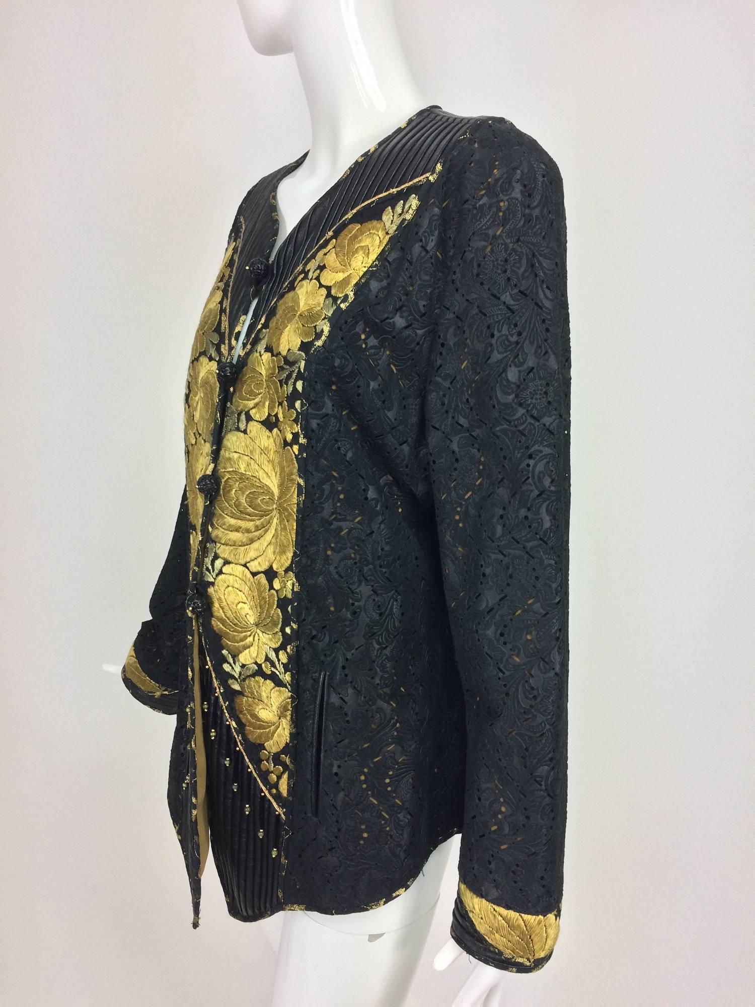 Kaneko Mixed antique textile and black laser cut leather jacket art to wear  2
