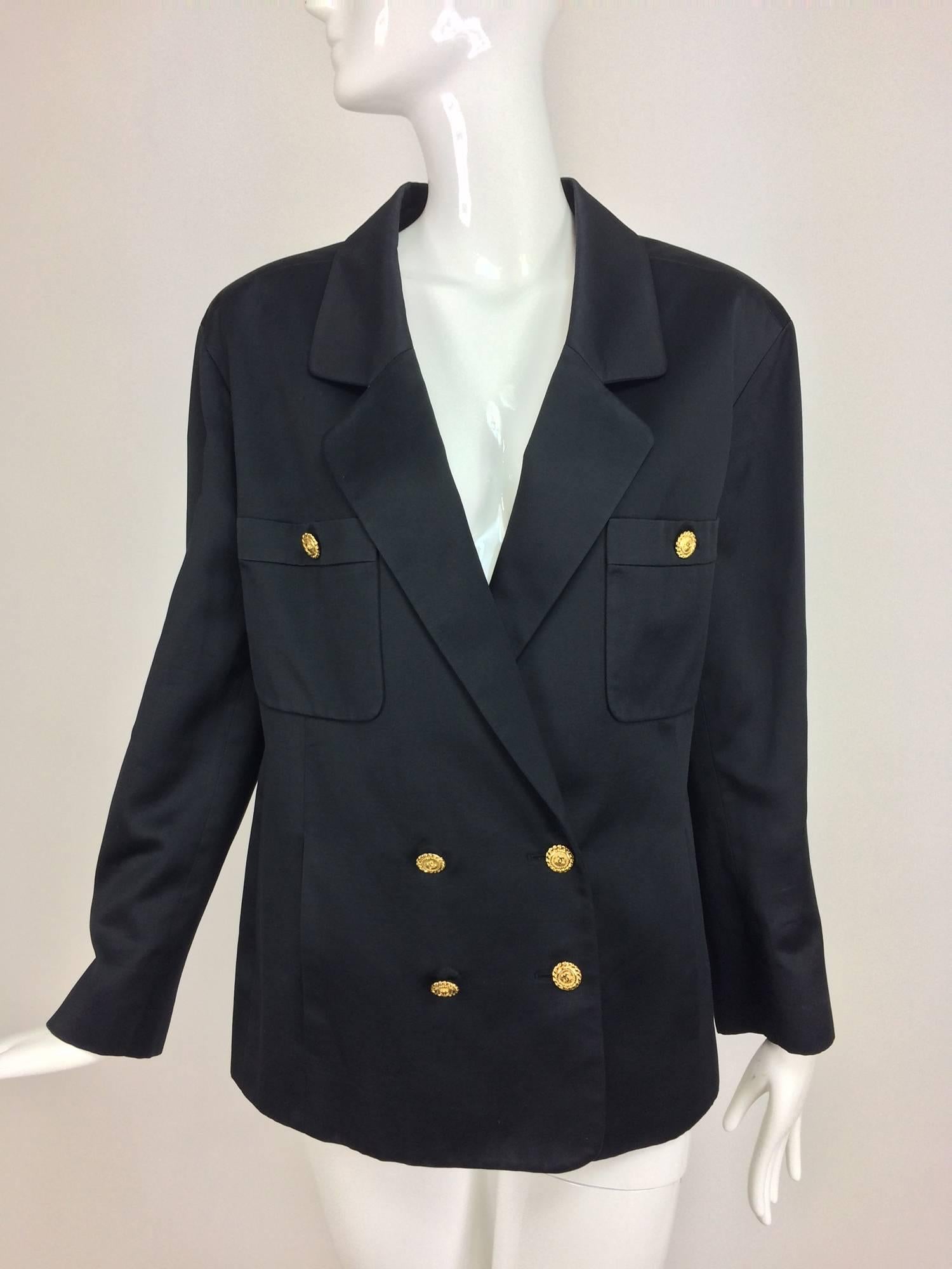 Vintage Chanel black silk double breasted pea coat jacket 42 1