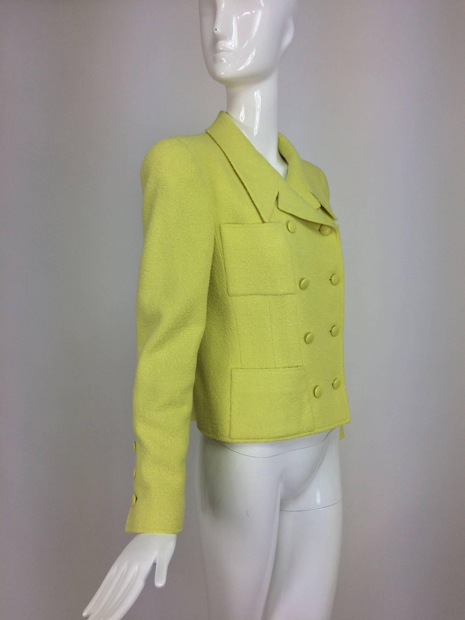 Vintage Chanel lemony yellow boucle double breasted jacket 1990s 40 1