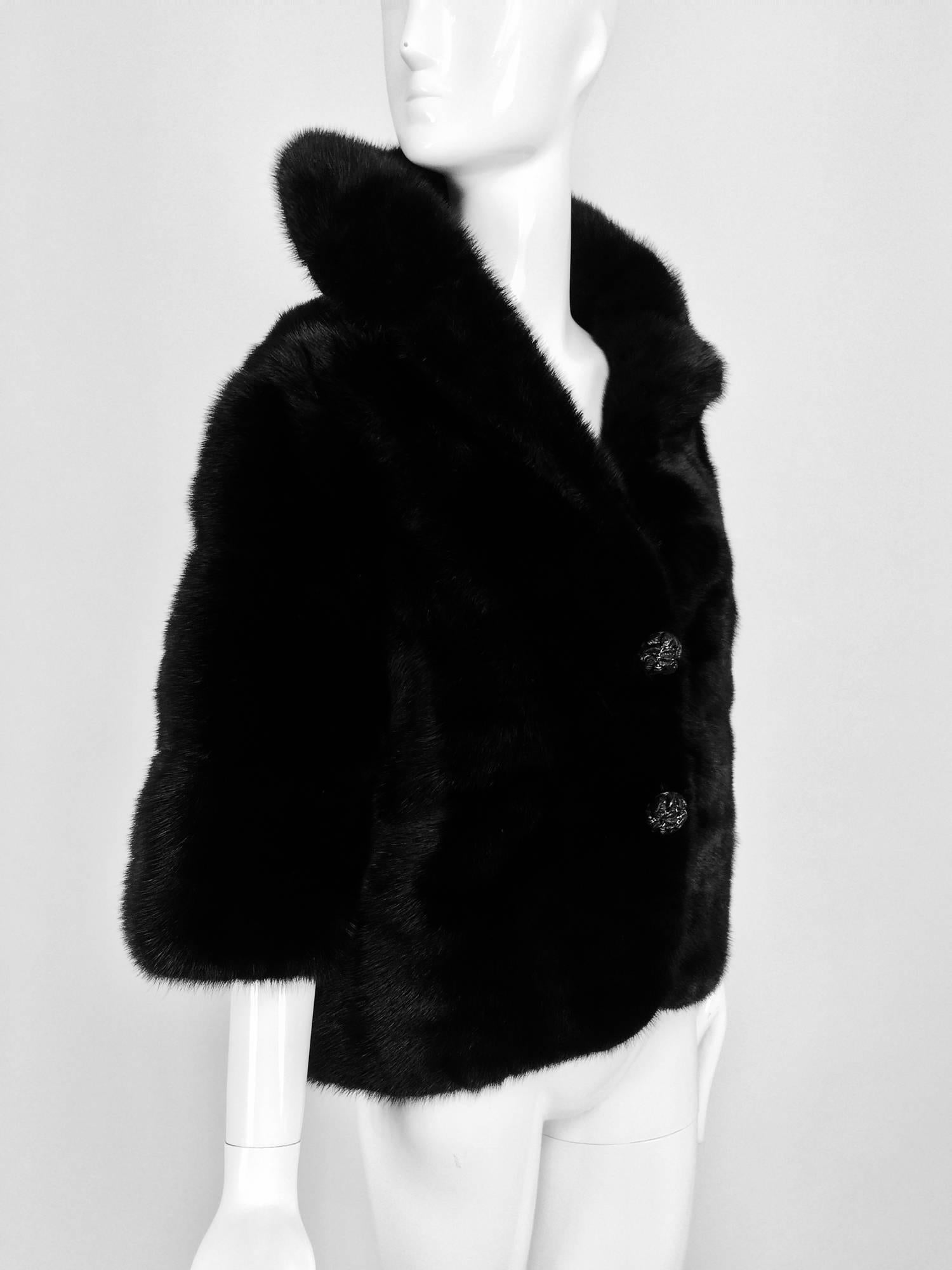 Women's Vintage black mink 3/4 length sleeve cropped evening jacket 1960s 